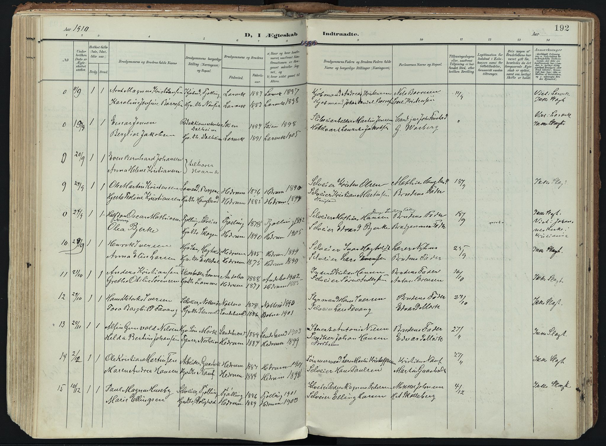 Hedrum kirkebøker, SAKO/A-344/F/Fa/L0010: Parish register (official) no. I 10, 1904-1918, p. 192