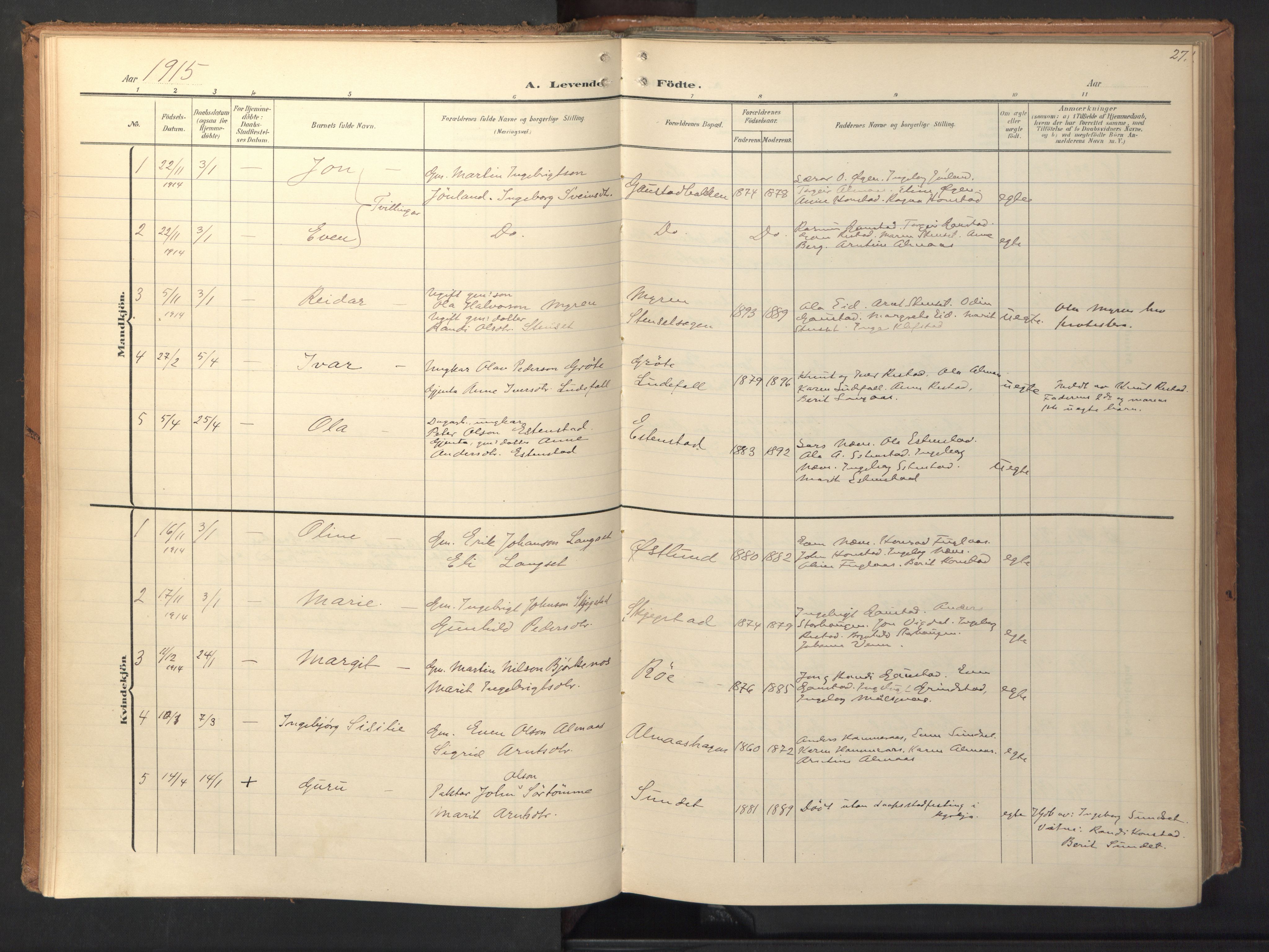Ministerialprotokoller, klokkerbøker og fødselsregistre - Sør-Trøndelag, SAT/A-1456/694/L1128: Parish register (official) no. 694A02, 1906-1931, p. 27