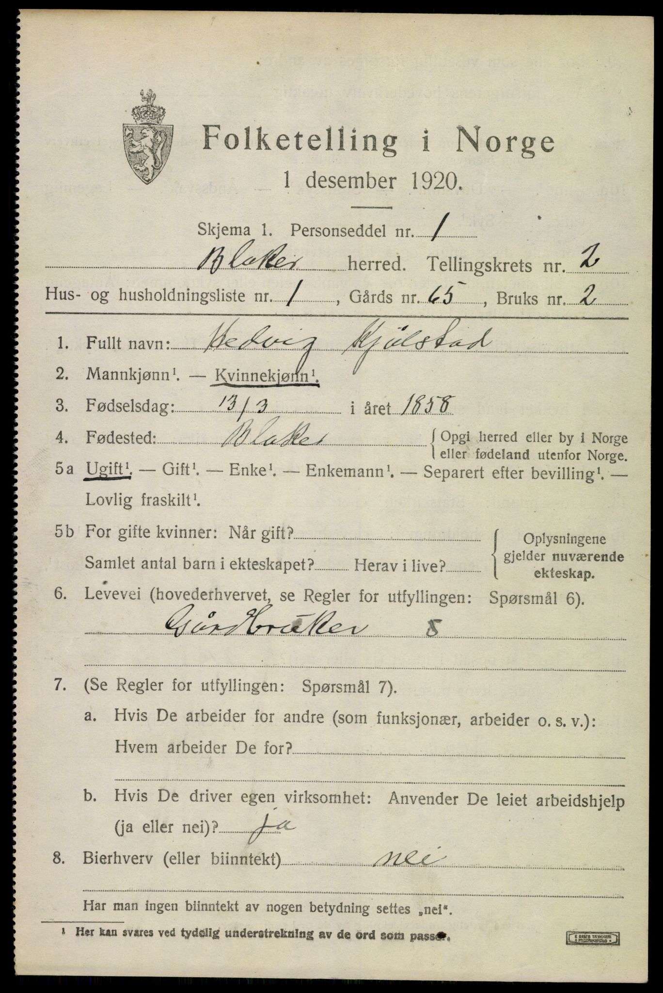 SAO, 1920 census for Blaker, 1920, p. 1465