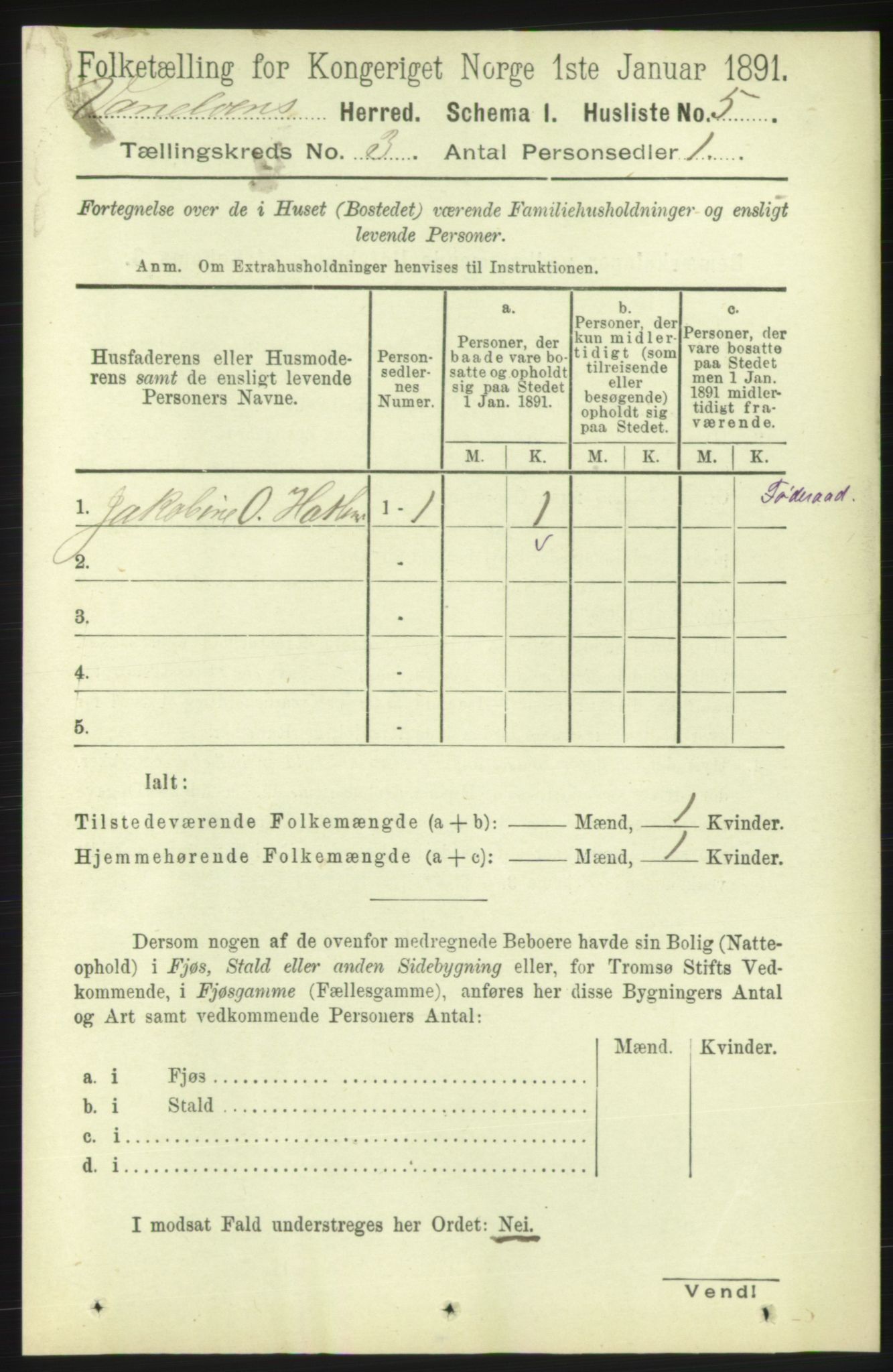 RA, 1891 census for 1511 Vanylven, 1891, p. 1179