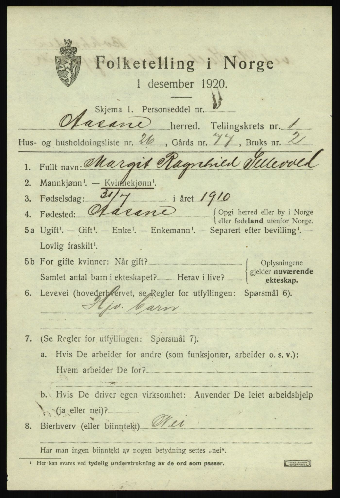 SAB, 1920 census for Åsane, 1920, p. 1213