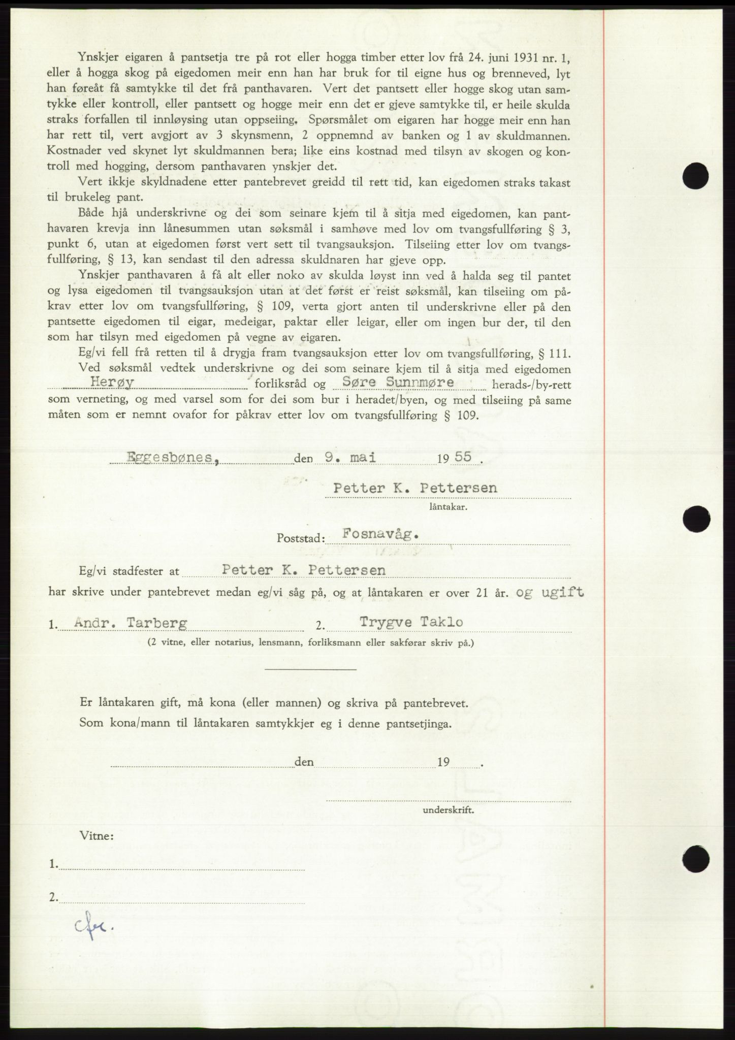 Søre Sunnmøre sorenskriveri, AV/SAT-A-4122/1/2/2C/L0126: Mortgage book no. 14B, 1954-1955, Diary no: : 1141/1955