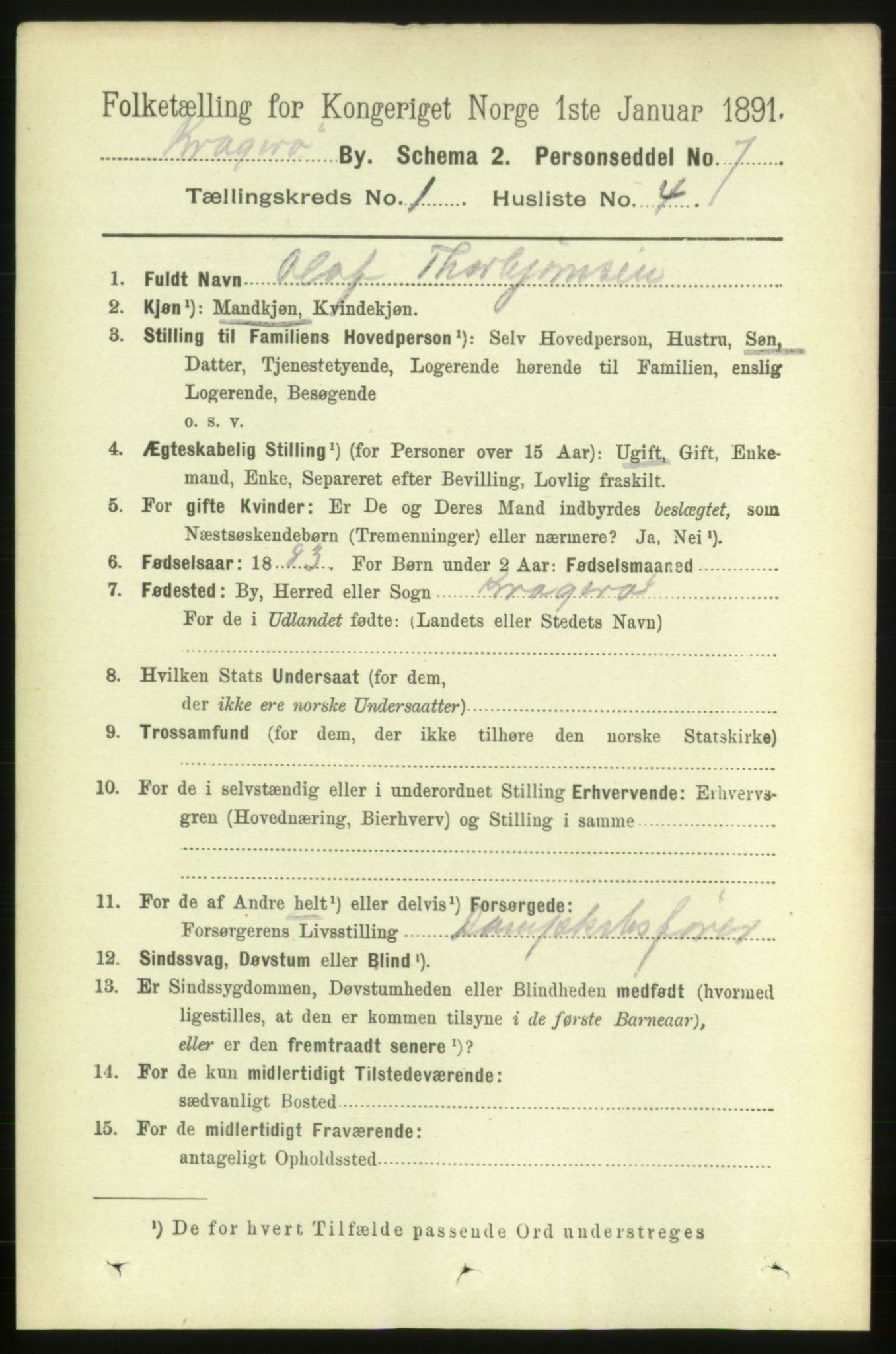 RA, 1891 census for 0801 Kragerø, 1891, p. 1695