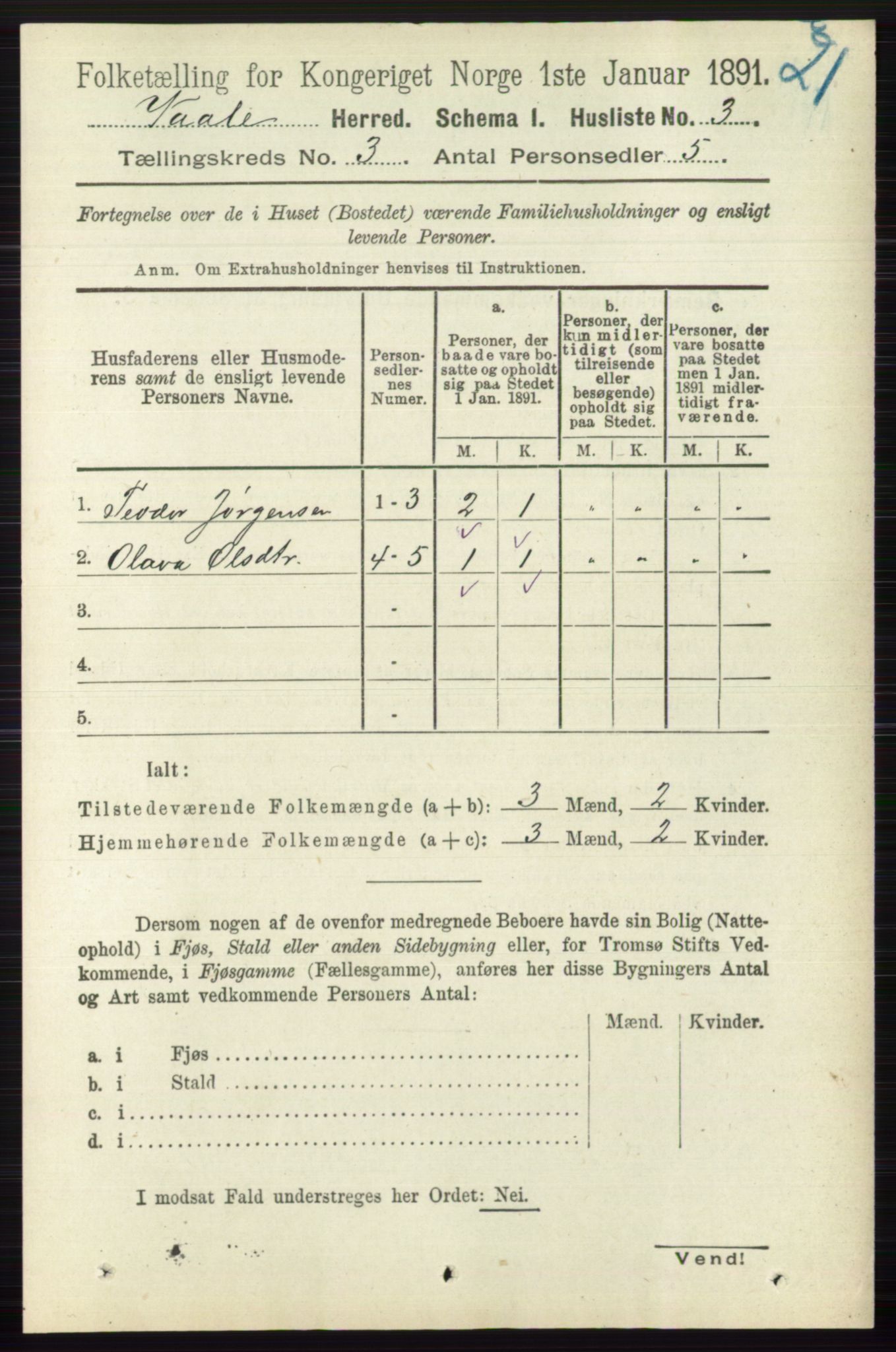 RA, 1891 census for 0716 Våle, 1891, p. 485