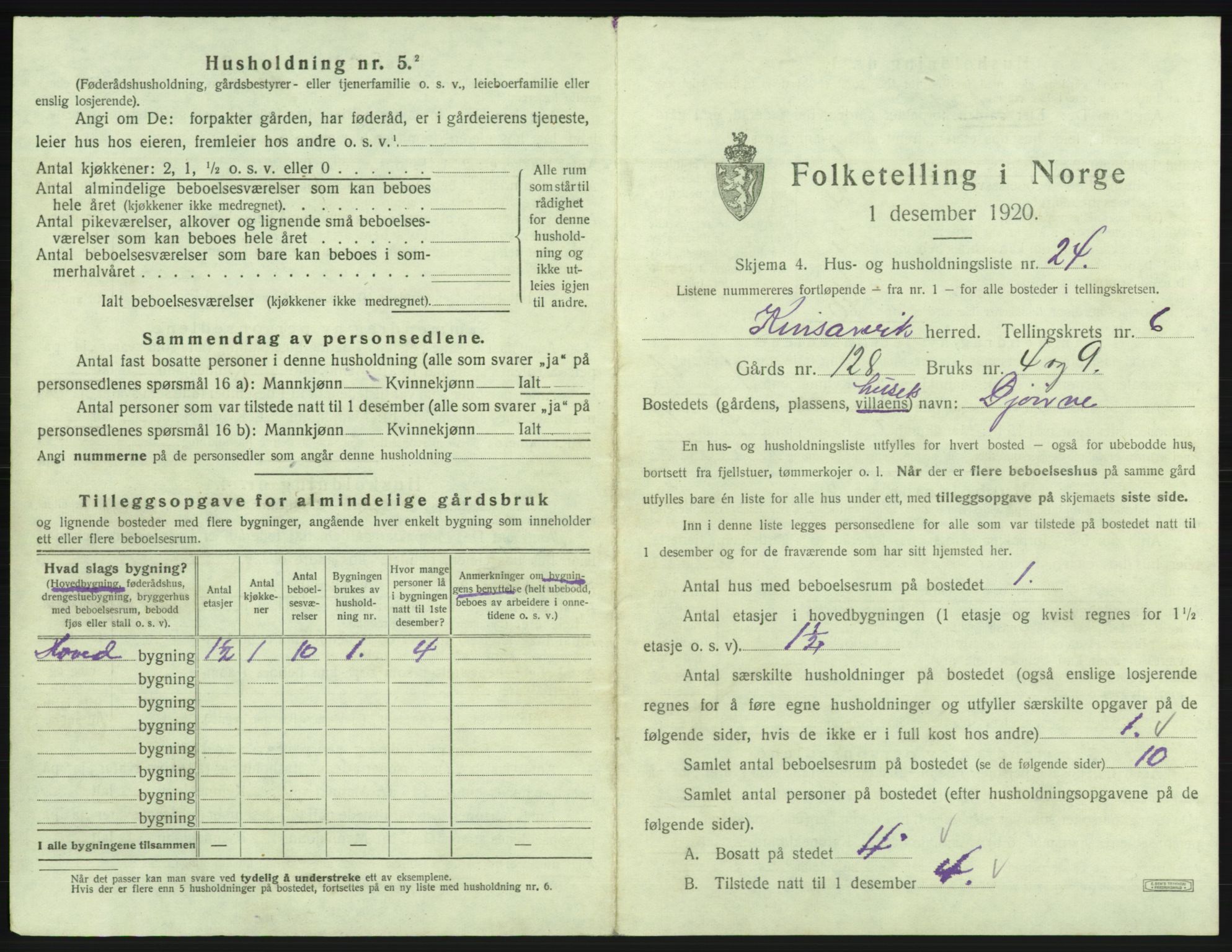 SAB, 1920 census for Kinsarvik, 1920, p. 454