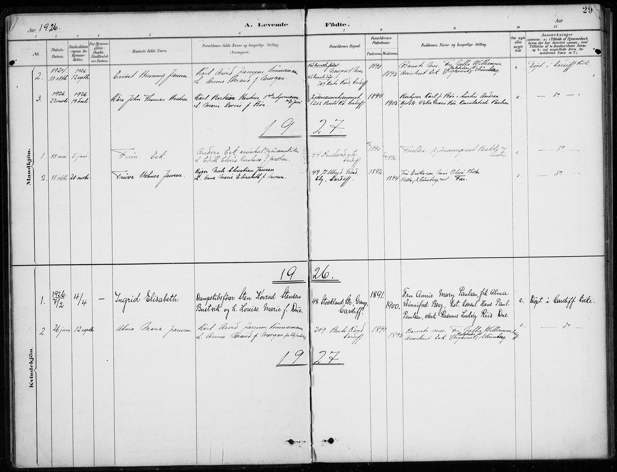 Den norske sjømannsmisjon i utlandet/Bristolhavnene(Cardiff-Swansea), SAB/SAB/PA-0102/H/Ha/Haa/L0002: Parish register (official) no. A 2, 1887-1932, p. 29
