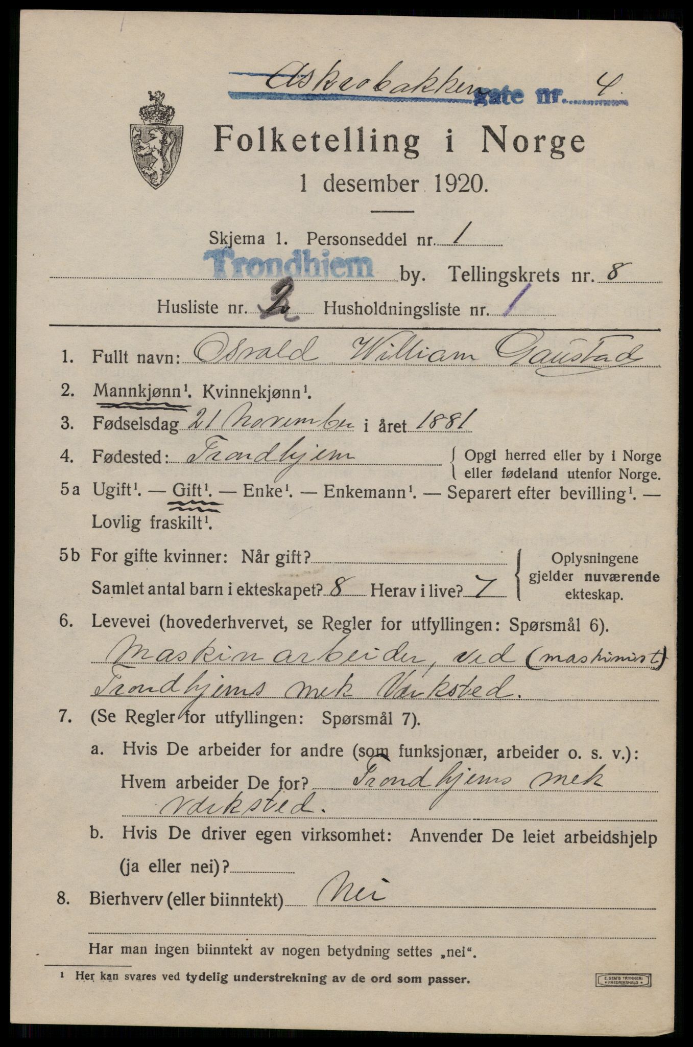 SAT, 1920 census for Trondheim, 1920, p. 42488