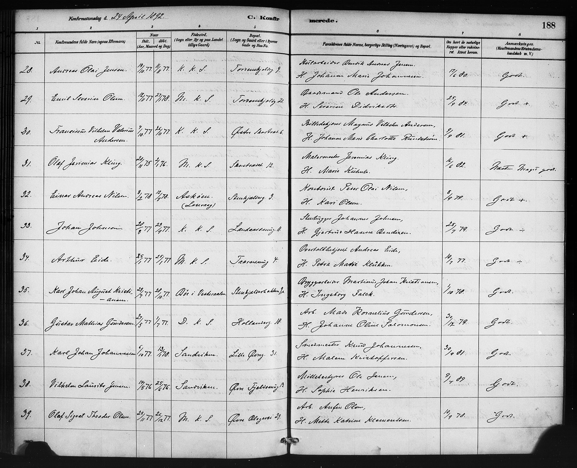 Korskirken sokneprestembete, AV/SAB-A-76101/H/Haa/L0029: Parish register (official) no. C 5, 1880-1892, p. 188