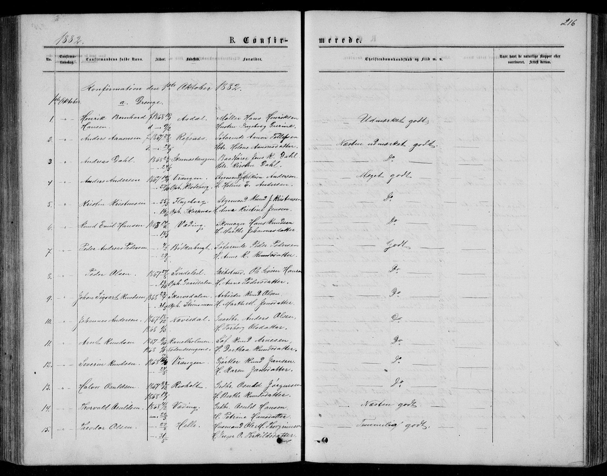 Øyestad sokneprestkontor, SAK/1111-0049/F/Fb/L0008: Parish register (copy) no. B 8, 1872-1886, p. 216