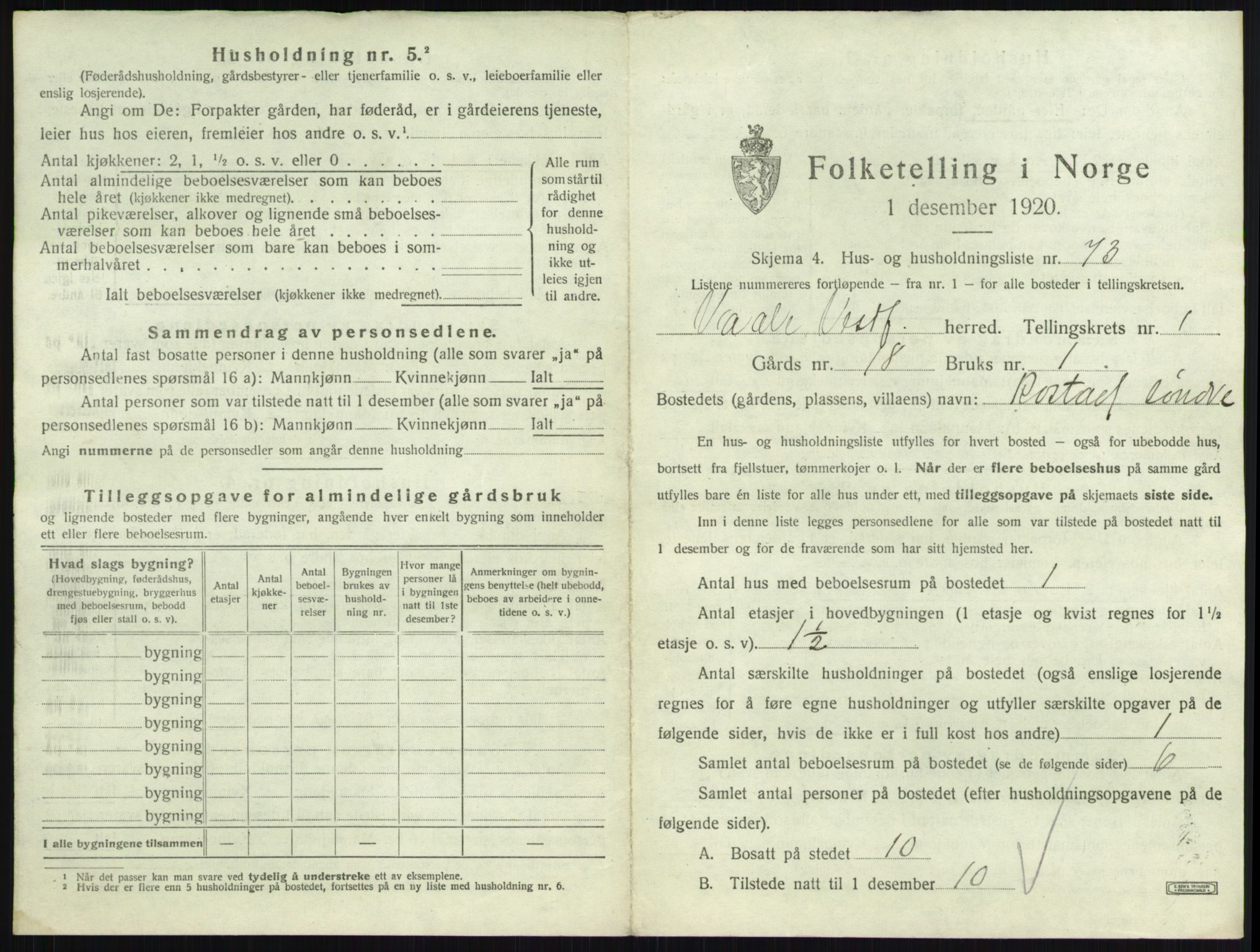 SAKO, 1920 census for Våle, 1920, p. 191