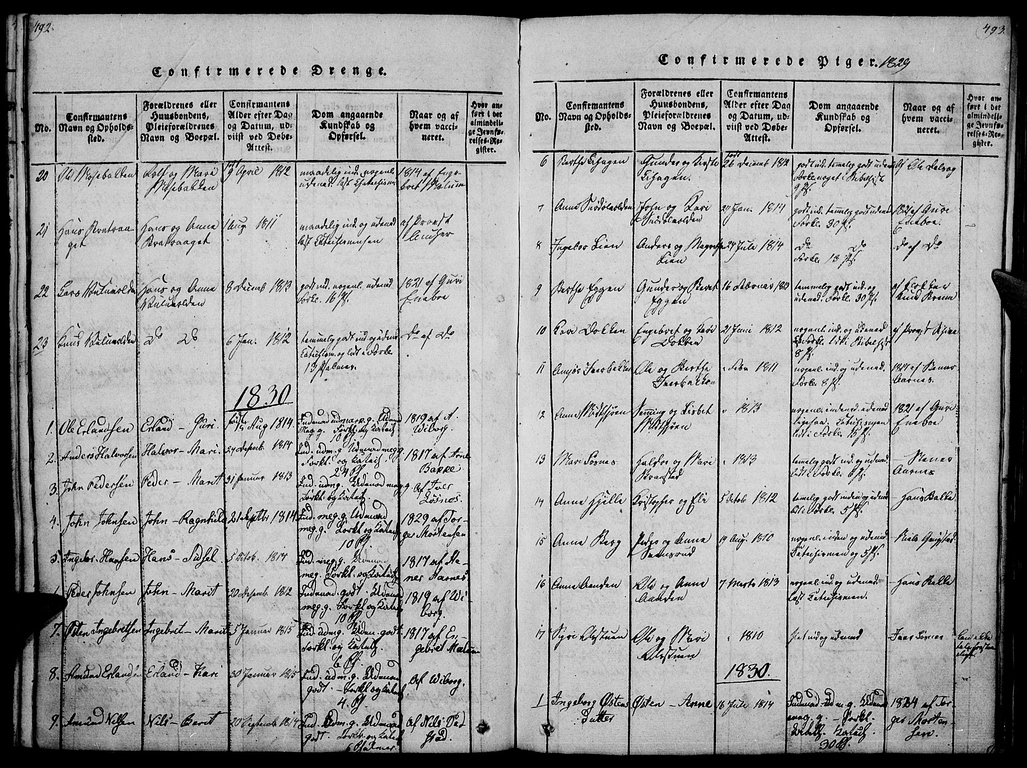 Ringebu prestekontor, SAH/PREST-082/H/Ha/Haa/L0004: Parish register (official) no. 4, 1821-1839, p. 492-493