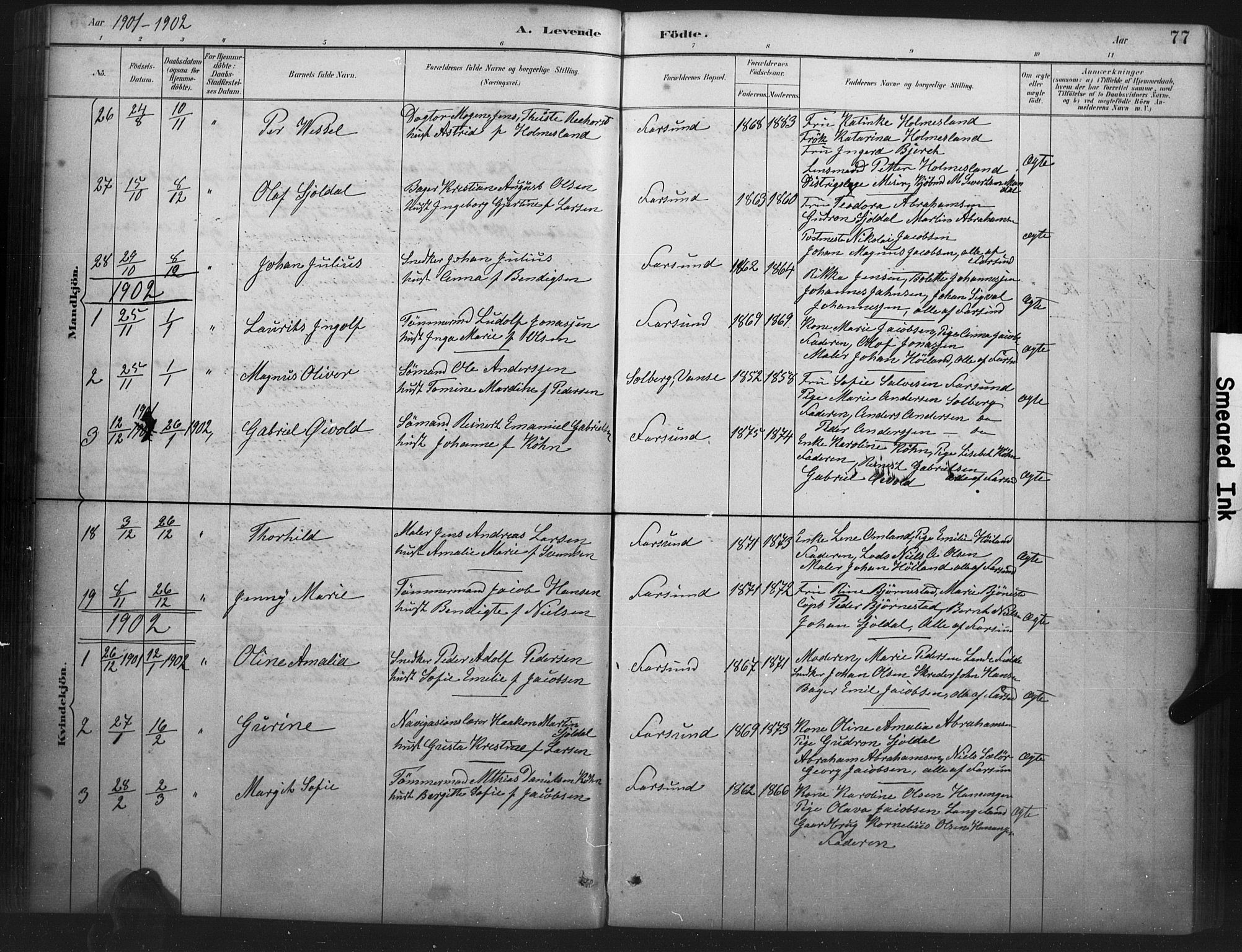 Farsund sokneprestkontor, SAK/1111-0009/F/Fb/L0001: Parish register (copy) no. B 1, 1886-1931, p. 77