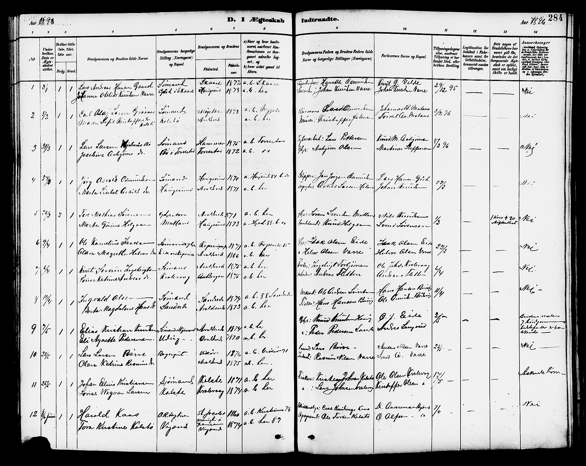 Avaldsnes sokneprestkontor, SAST/A -101851/H/Ha/Hab/L0007: Parish register (copy) no. B 7, 1885-1909, p. 284