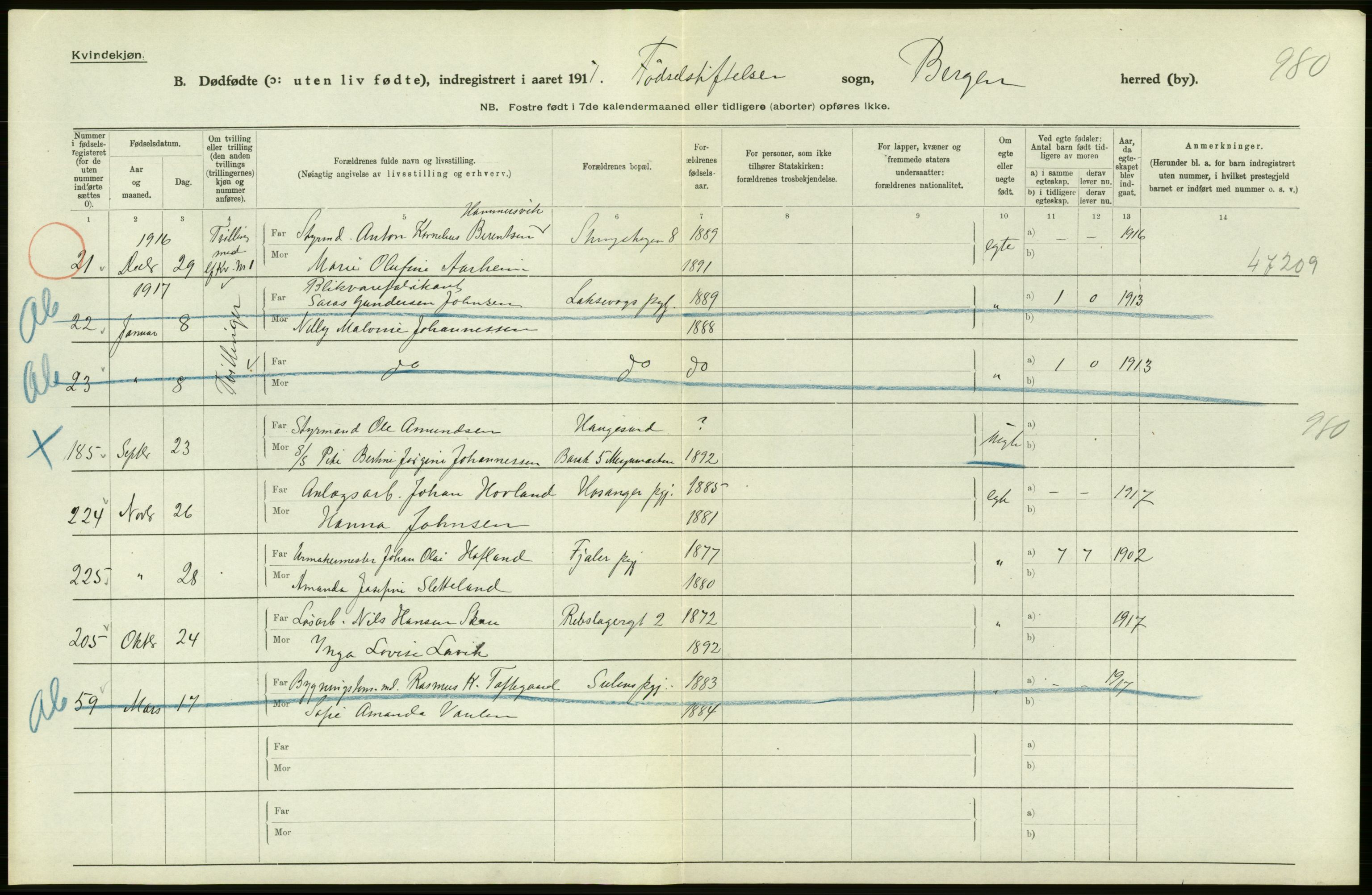 Statistisk sentralbyrå, Sosiodemografiske emner, Befolkning, AV/RA-S-2228/D/Df/Dfb/Dfbg/L0038: Bergen: Gifte, døde, dødfødte., 1917, p. 356