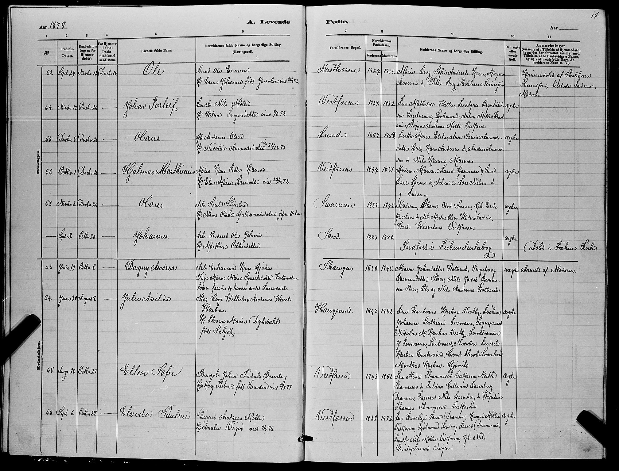 Eiker kirkebøker, SAKO/A-4/G/Ga/L0005: Parish register (copy) no. I 5, 1878-1887, p. 14
