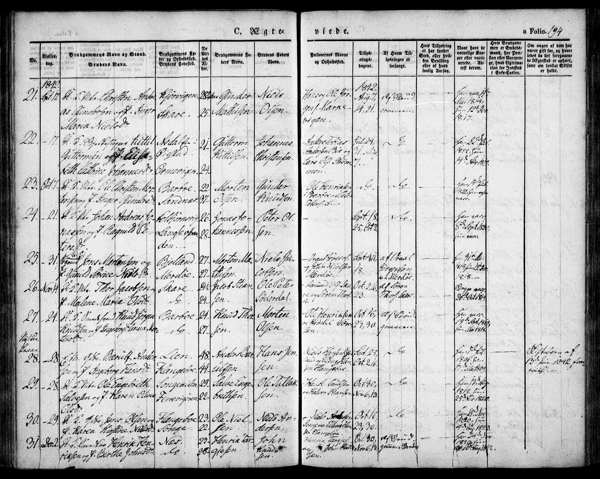 Tromøy sokneprestkontor, AV/SAK-1111-0041/F/Fa/L0004: Parish register (official) no. A 4, 1837-1846, p. 194