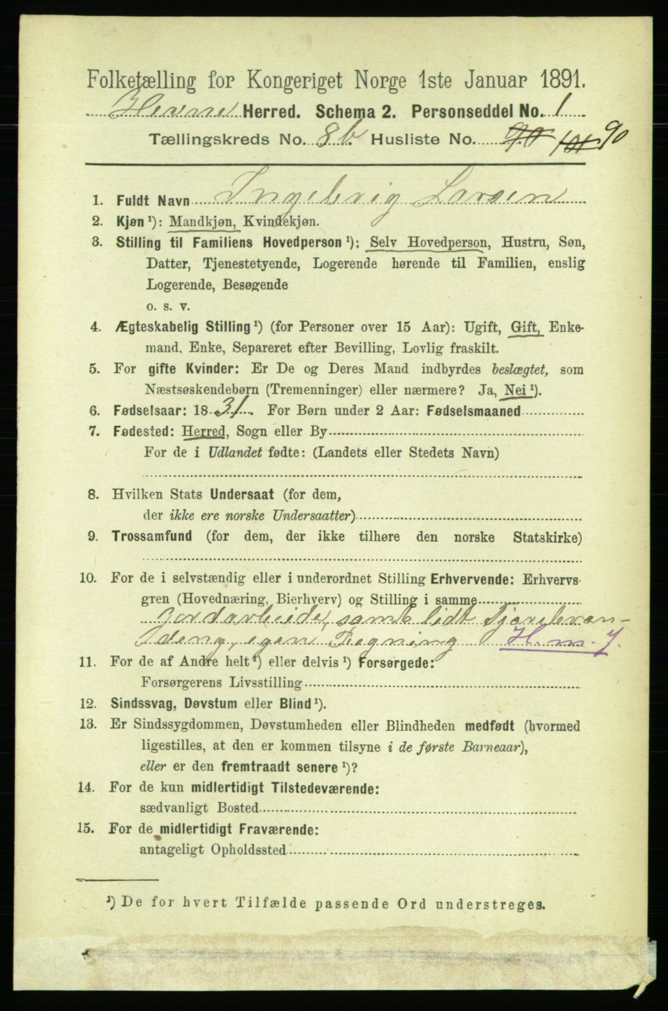 RA, 1891 census for 1612 Hemne, 1891, p. 5520