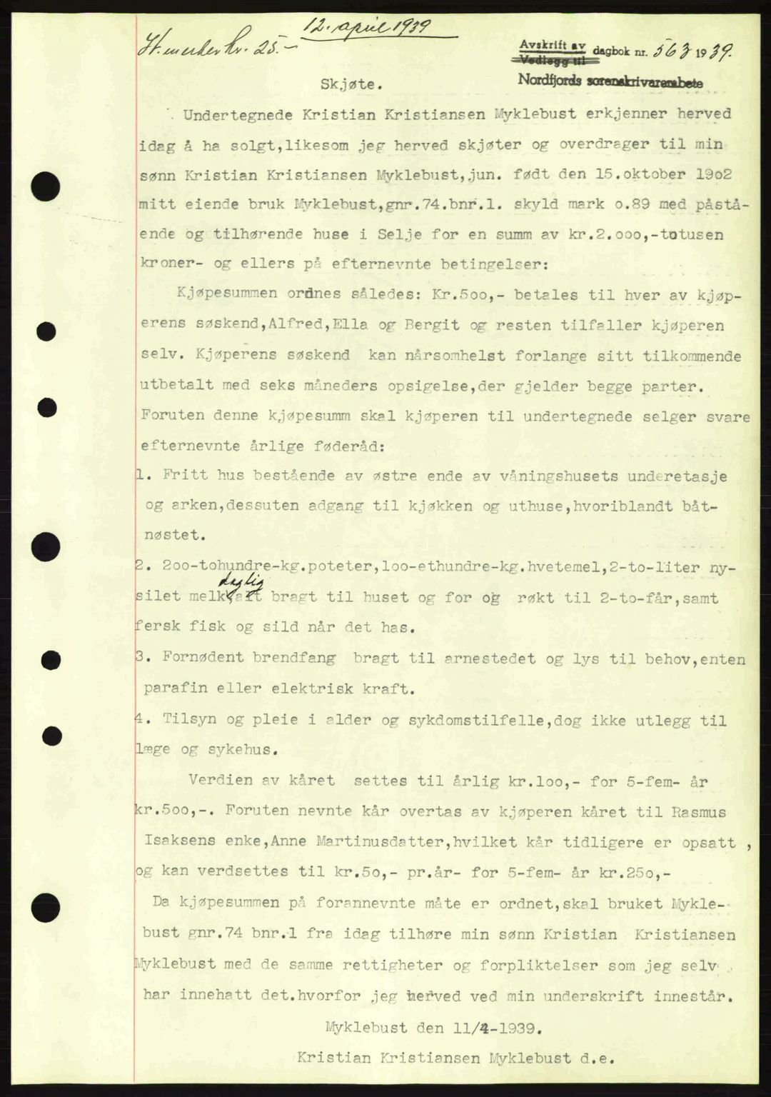 Nordfjord sorenskriveri, SAB/A-2801/02/02b/02bj/L0004: Mortgage book no. A4, 1938-1939, Diary no: : 563/1939