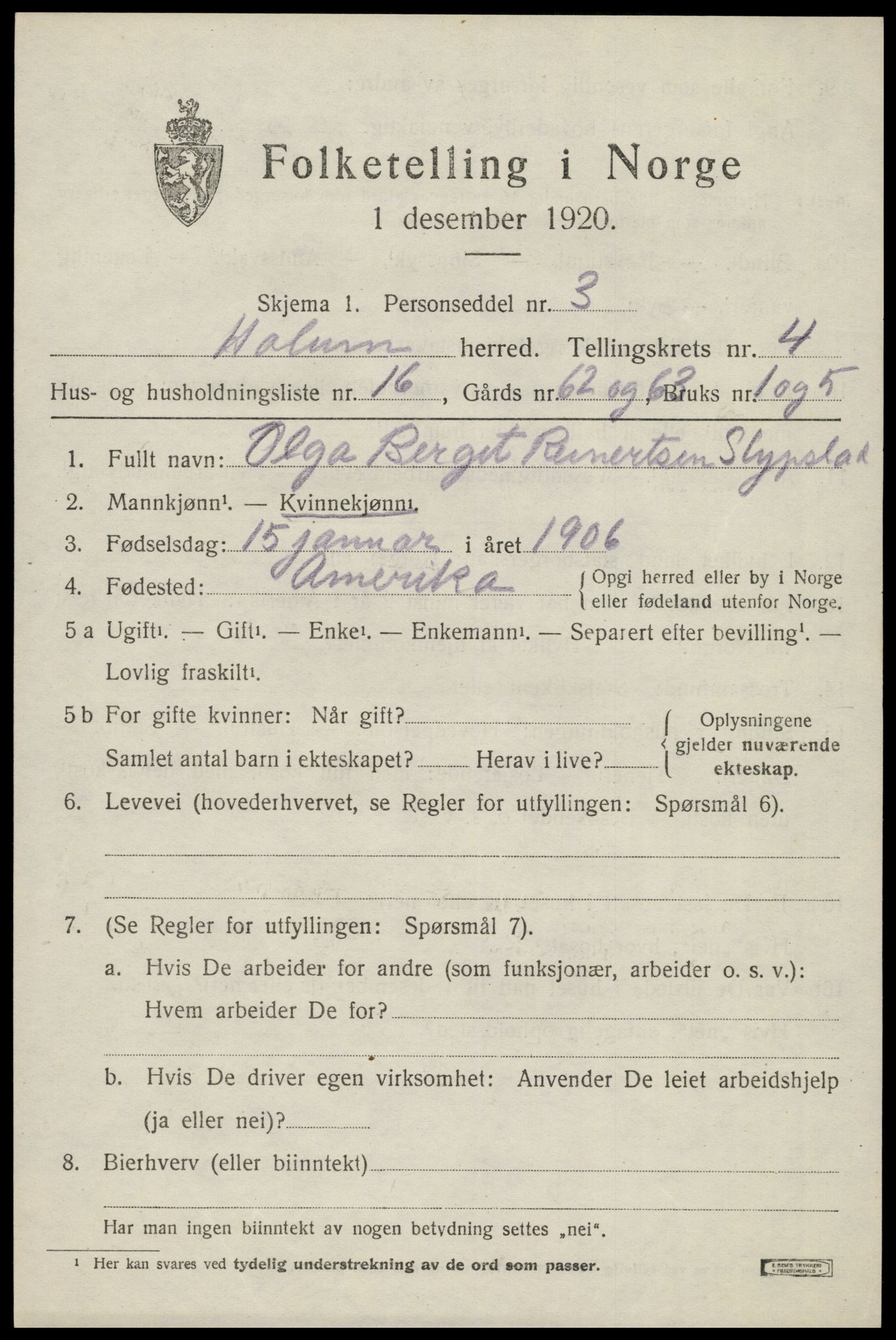 SAK, 1920 census for Holum, 1920, p. 2093