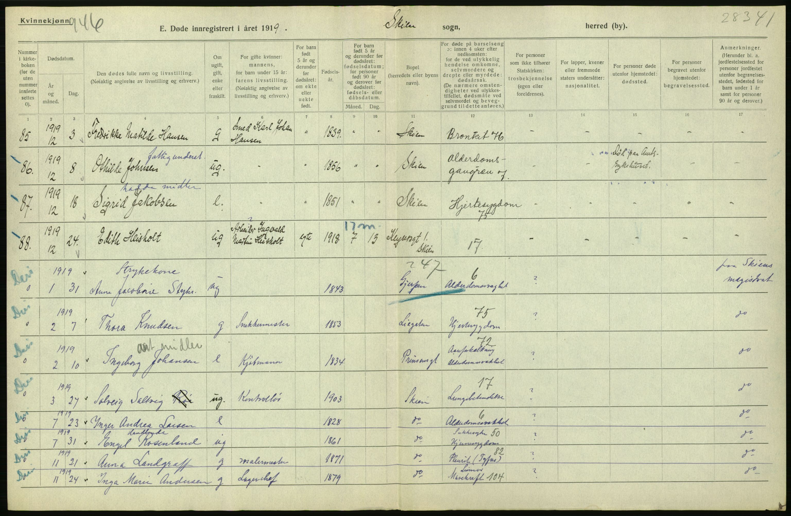 Statistisk sentralbyrå, Sosiodemografiske emner, Befolkning, RA/S-2228/D/Df/Dfb/Dfbi/L0023: Telemark fylke: Døde. Bygder og byer., 1919, p. 476