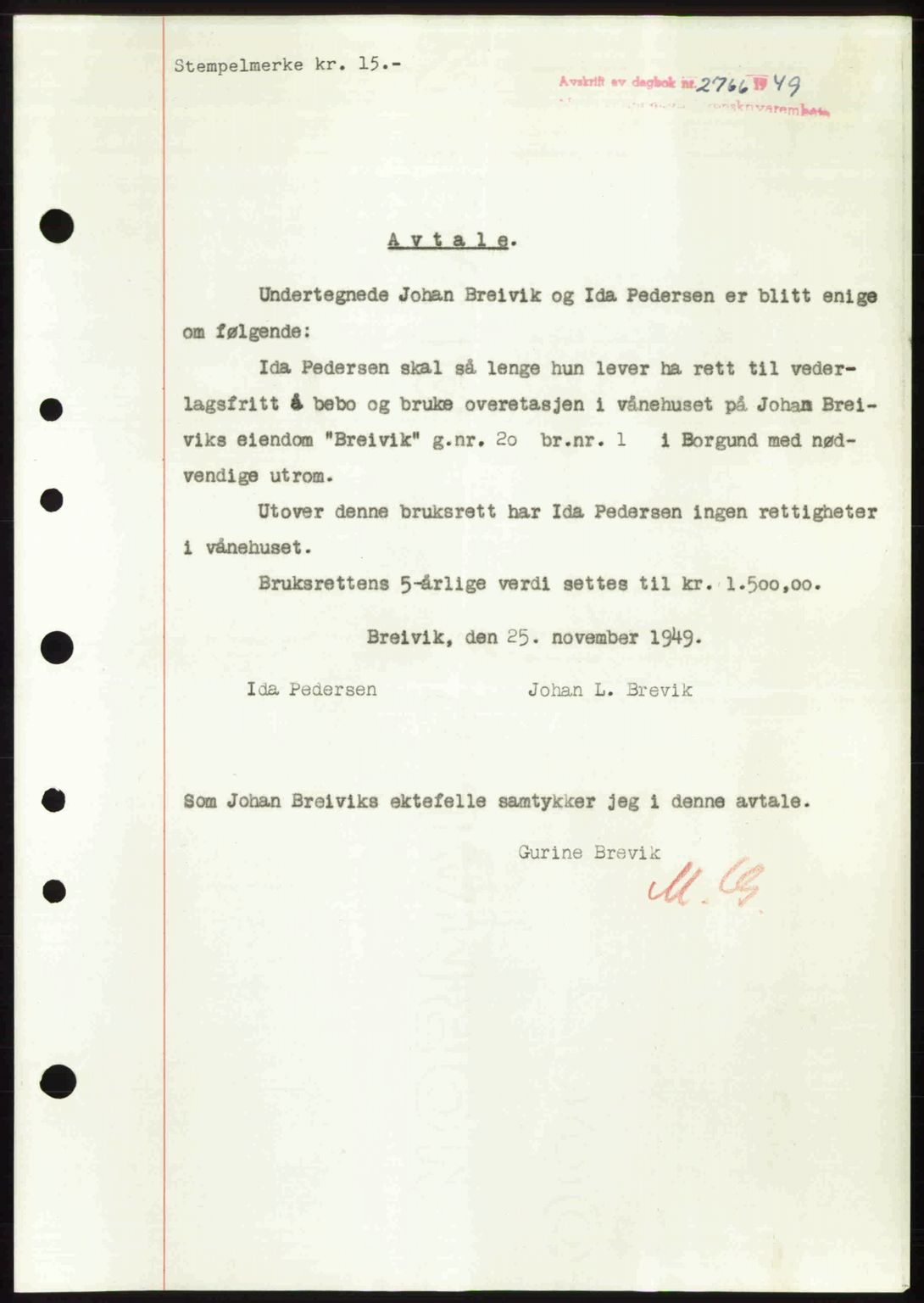 Nordre Sunnmøre sorenskriveri, AV/SAT-A-0006/1/2/2C/2Ca: Mortgage book no. A33, 1949-1950, Diary no: : 2766/1949