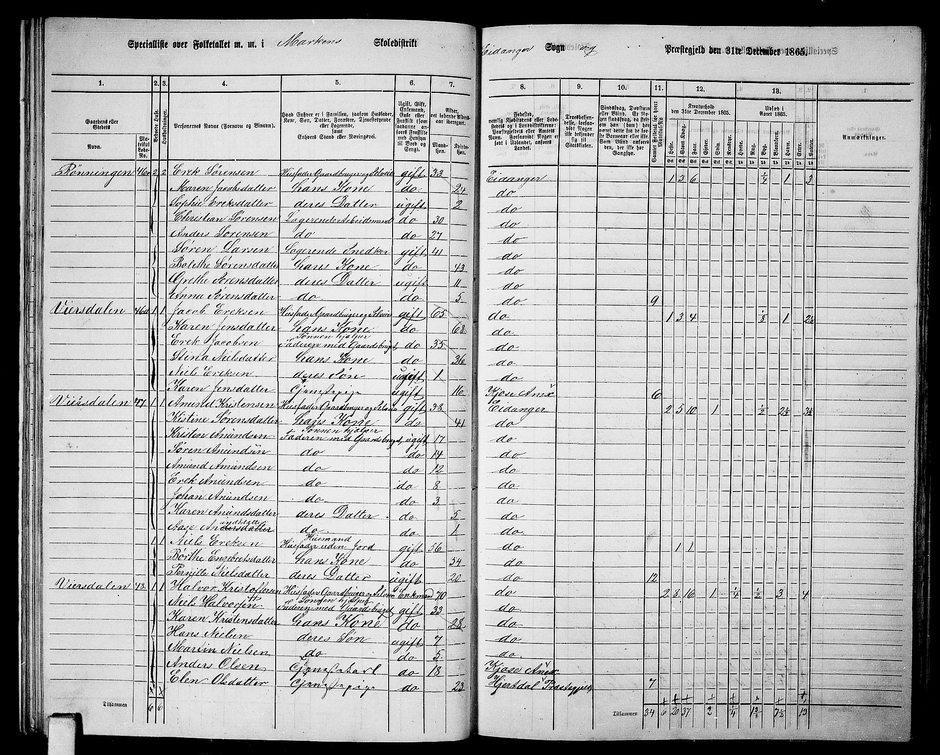 RA, 1865 census for Eidanger, 1865, p. 28