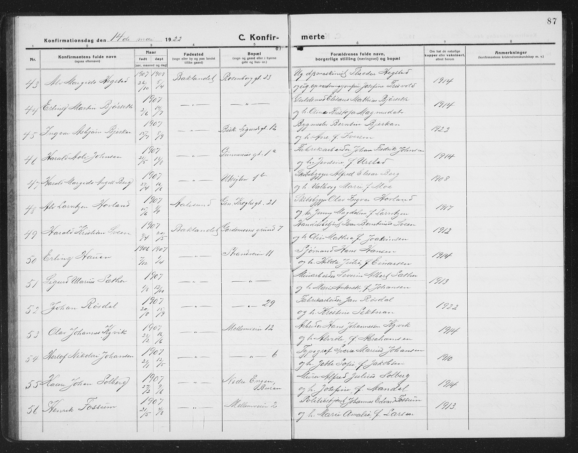 Ministerialprotokoller, klokkerbøker og fødselsregistre - Sør-Trøndelag, AV/SAT-A-1456/605/L0258: Parish register (copy) no. 605C05, 1918-1930, p. 87