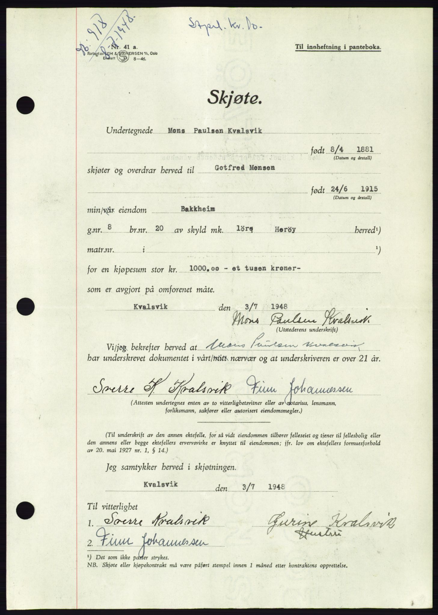 Søre Sunnmøre sorenskriveri, AV/SAT-A-4122/1/2/2C/L0082: Mortgage book no. 8A, 1948-1948, Diary no: : 918/1948