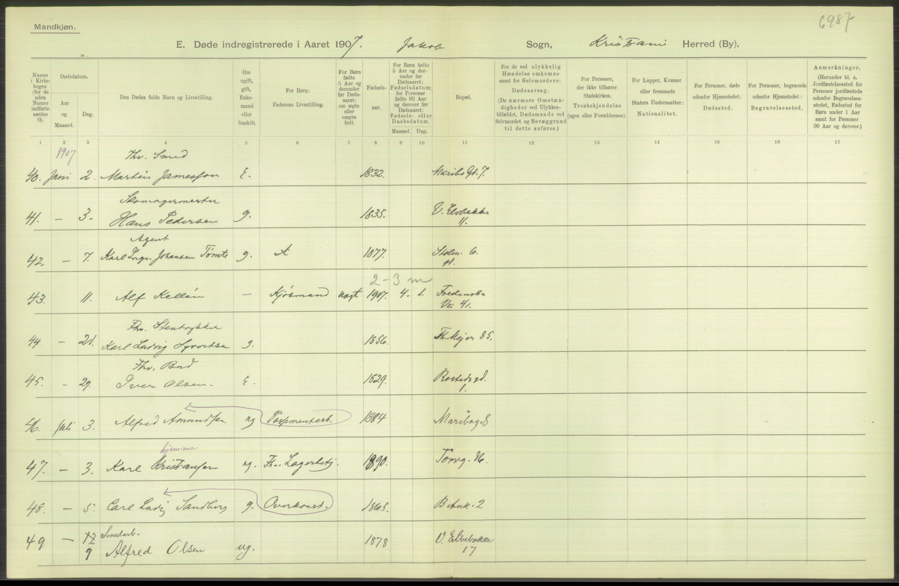 Statistisk sentralbyrå, Sosiodemografiske emner, Befolkning, AV/RA-S-2228/D/Df/Dfa/Dfae/L0010: Kristiania: Døde, dødfødte, 1907, p. 324