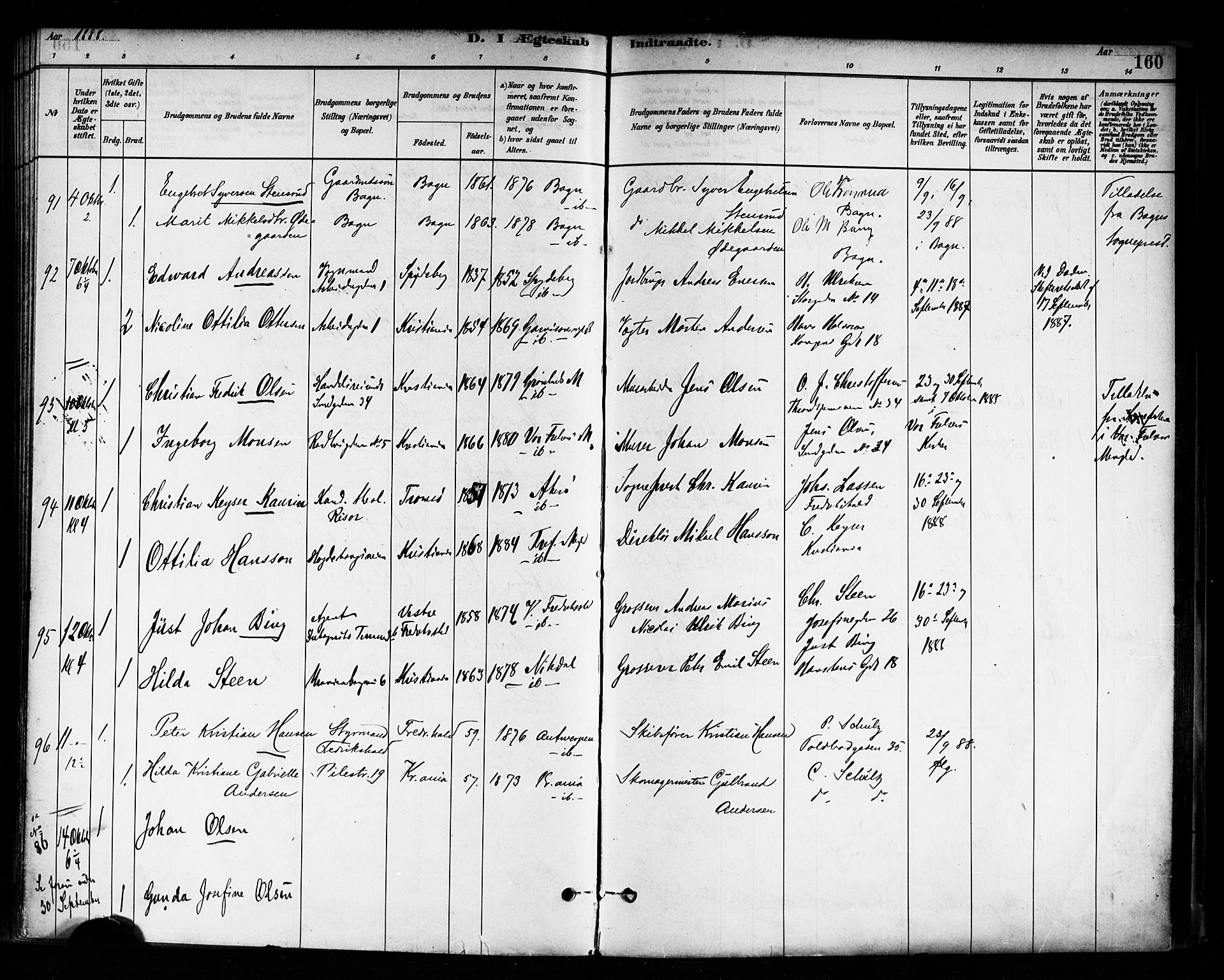 Trefoldighet prestekontor Kirkebøker, AV/SAO-A-10882/F/Fc/L0003: Parish register (official) no. III 3, 1881-1891, p. 160