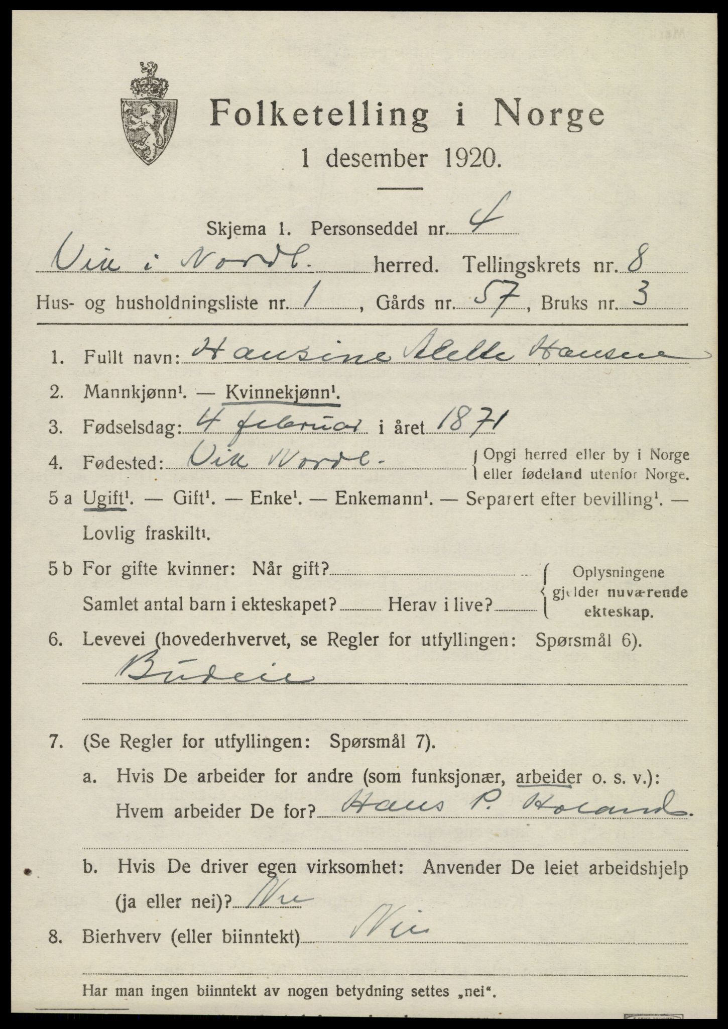 SAT, 1920 census for Vik, 1920, p. 5251