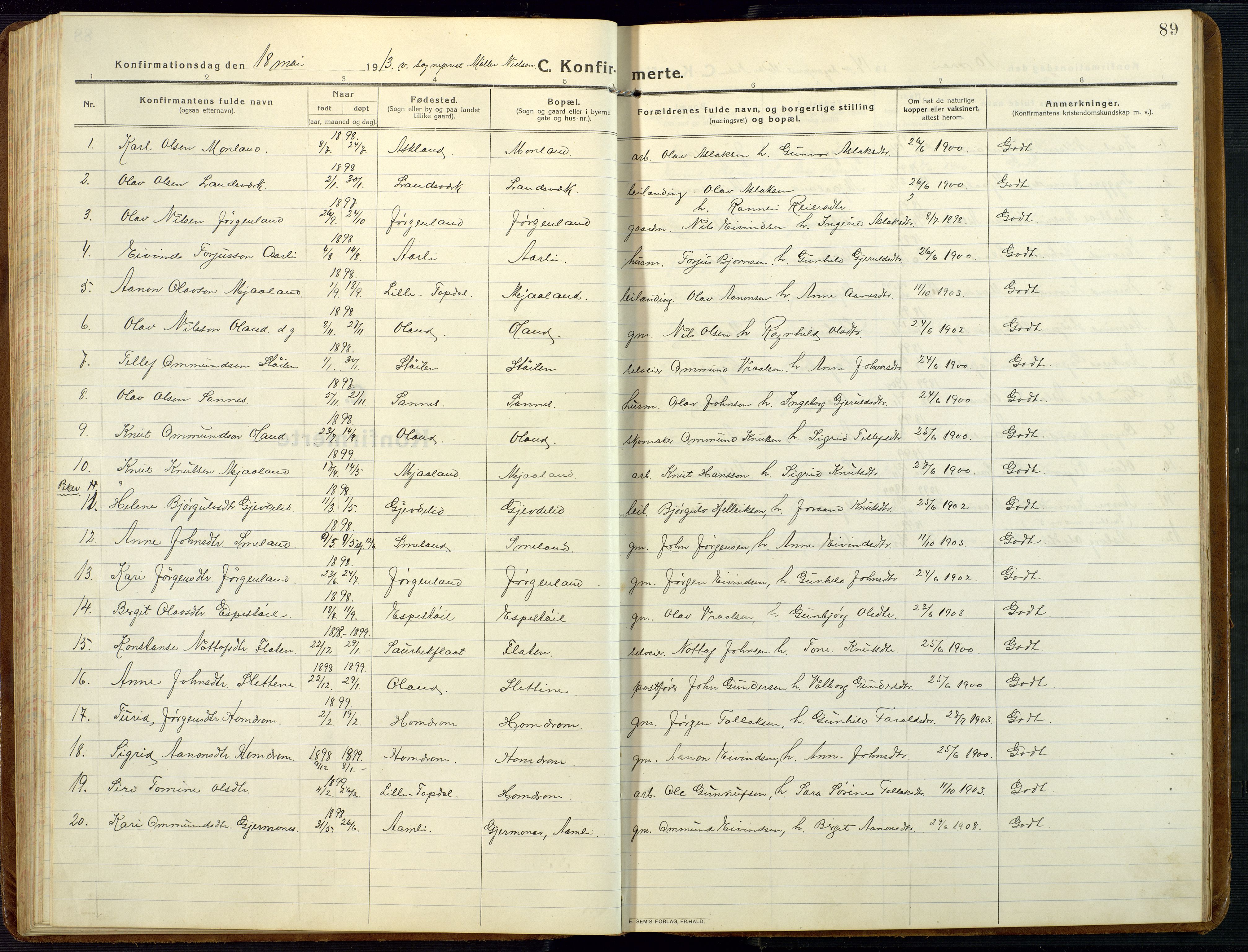 Åmli sokneprestkontor, AV/SAK-1111-0050/F/Fb/Fba/L0003: Parish register (copy) no. B 3, 1912-1974, p. 89