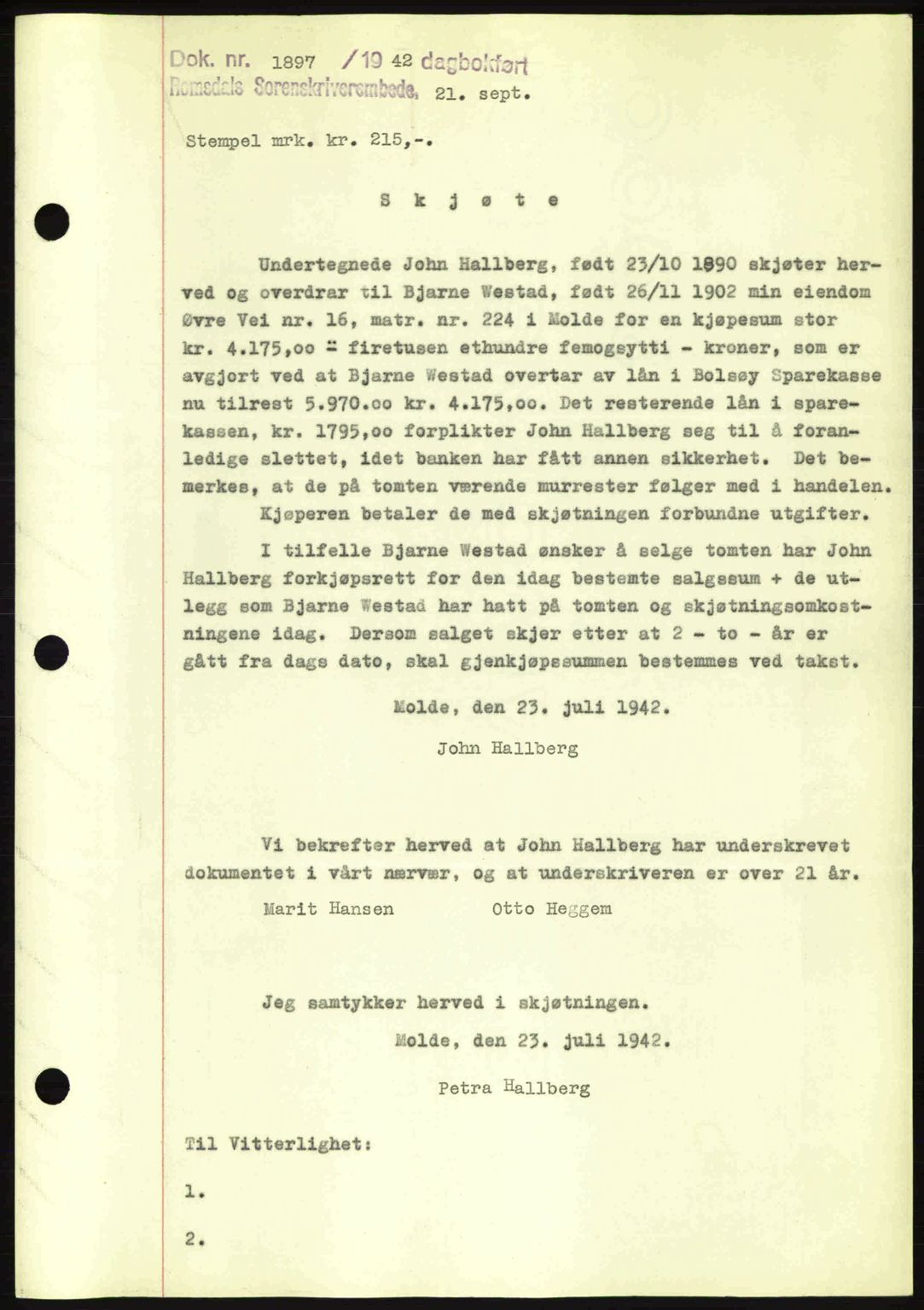 Romsdal sorenskriveri, AV/SAT-A-4149/1/2/2C: Mortgage book no. A12, 1942-1942, Diary no: : 1897/1942