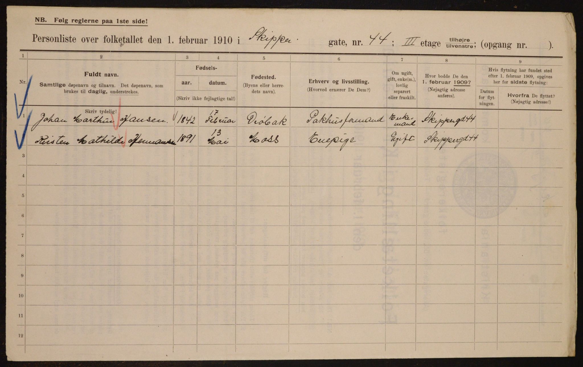 OBA, Municipal Census 1910 for Kristiania, 1910, p. 91365