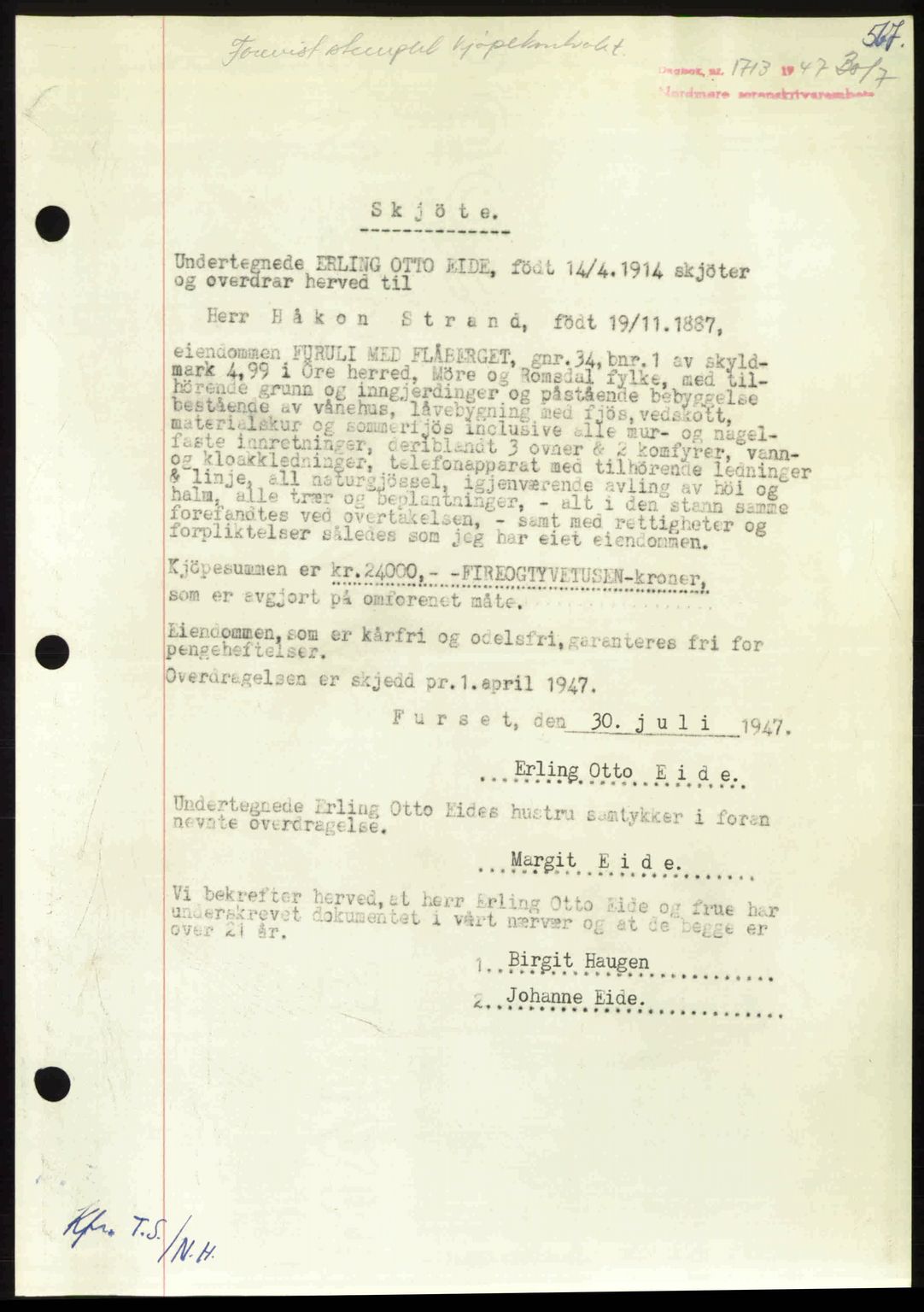 Nordmøre sorenskriveri, AV/SAT-A-4132/1/2/2Ca: Mortgage book no. A105, 1947-1947, Diary no: : 1713/1947