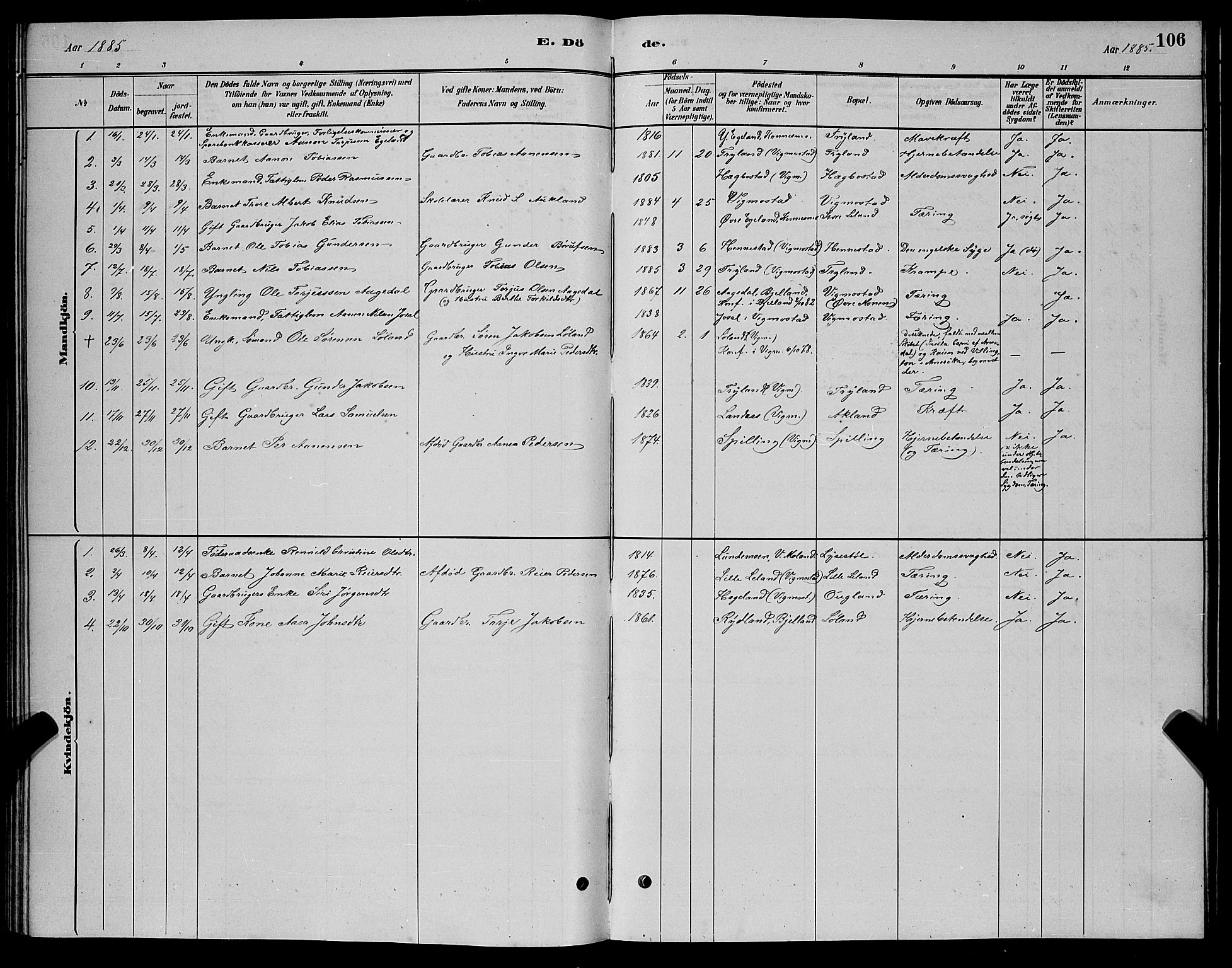 Nord-Audnedal sokneprestkontor, AV/SAK-1111-0032/F/Fb/Fbb/L0003: Parish register (copy) no. B 3, 1882-1900, p. 106