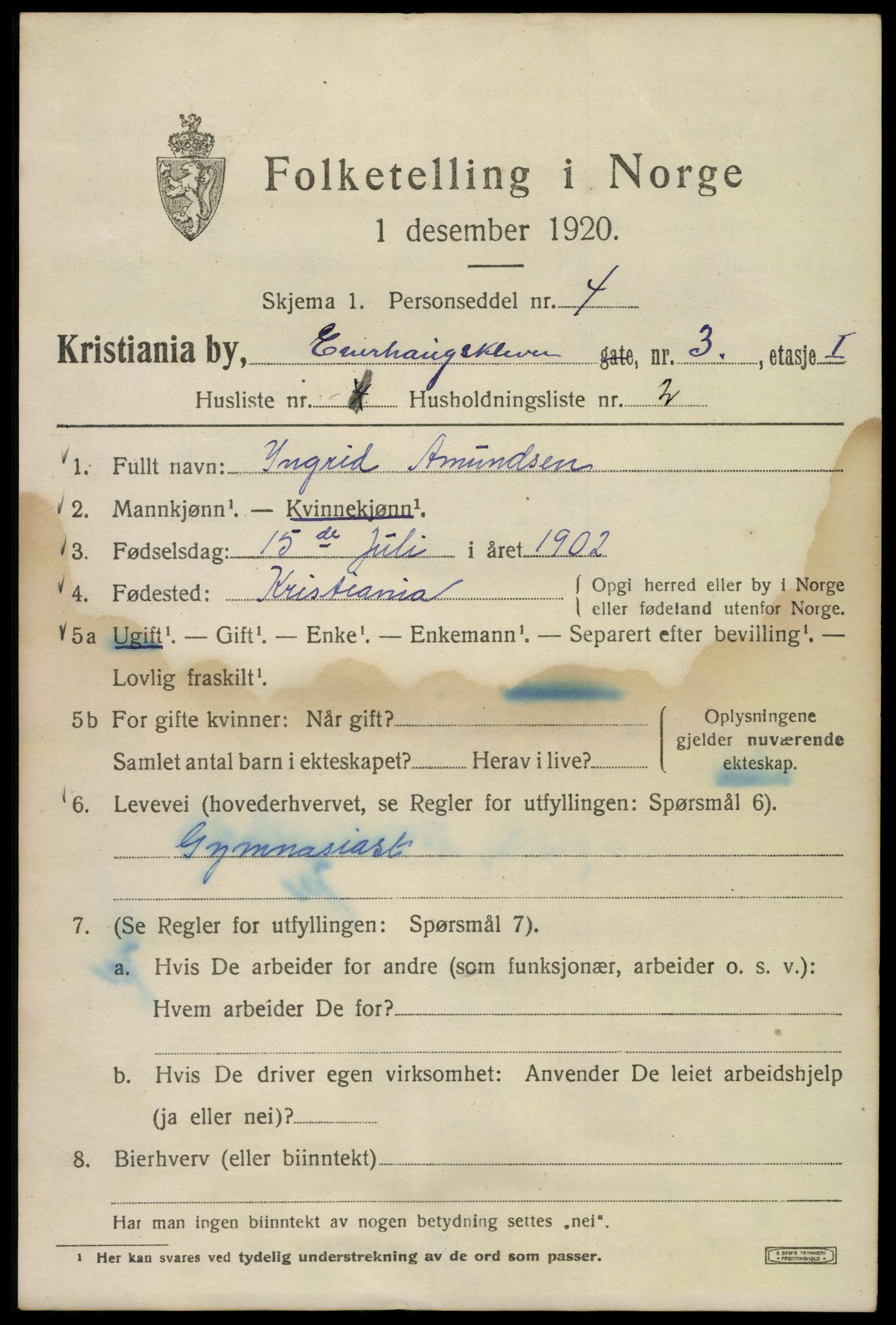 SAO, 1920 census for Kristiania, 1920, p. 218337