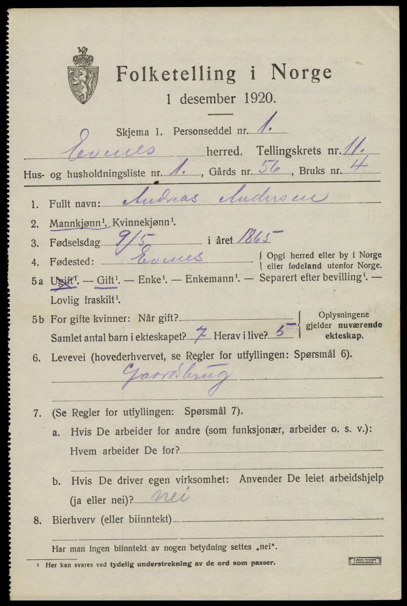 SAT, 1920 census for Evenes, 1920, p. 10584