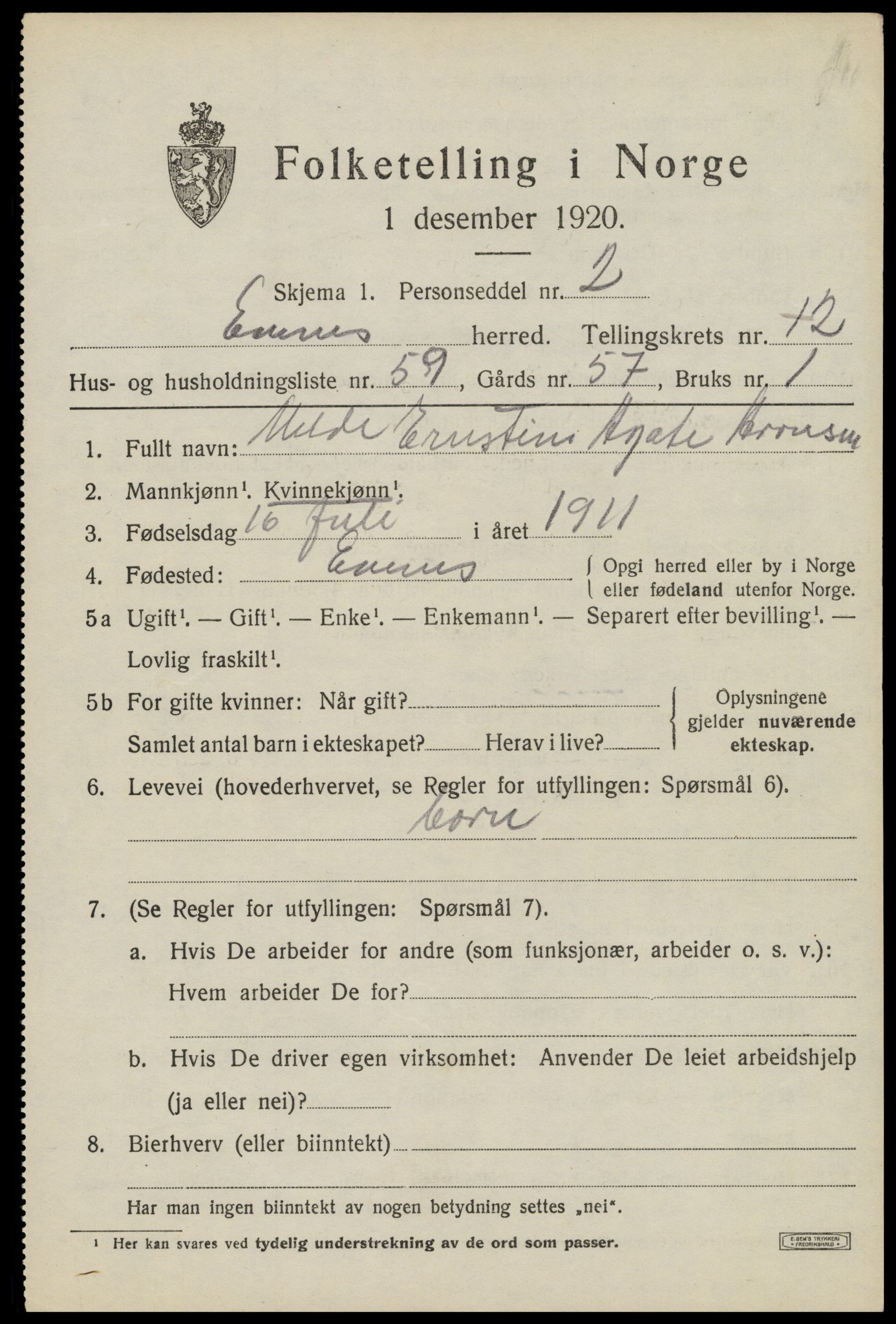 SAT, 1920 census for Evenes, 1920, p. 11822