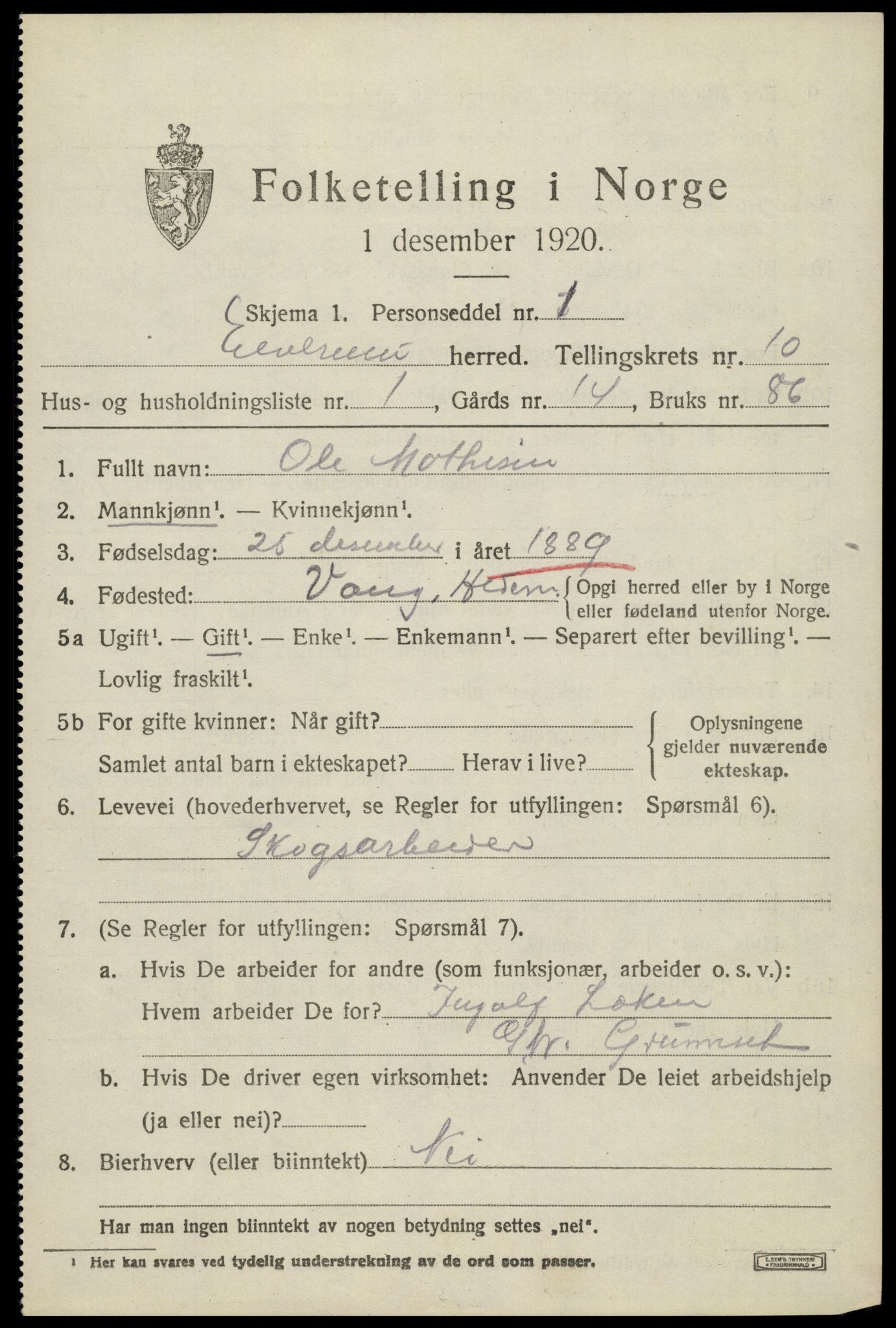 SAH, 1920 census for Elverum, 1920, p. 15834