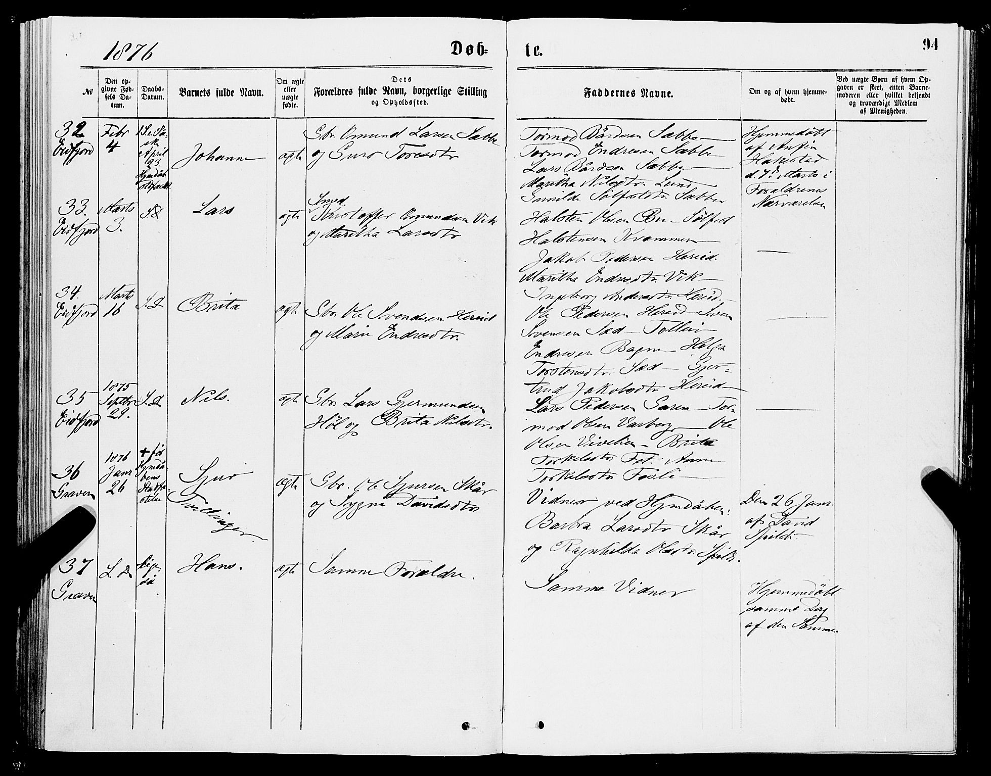 Ulvik sokneprestembete, AV/SAB-A-78801/H/Haa: Parish register (official) no. A 16, 1870-1878, p. 94