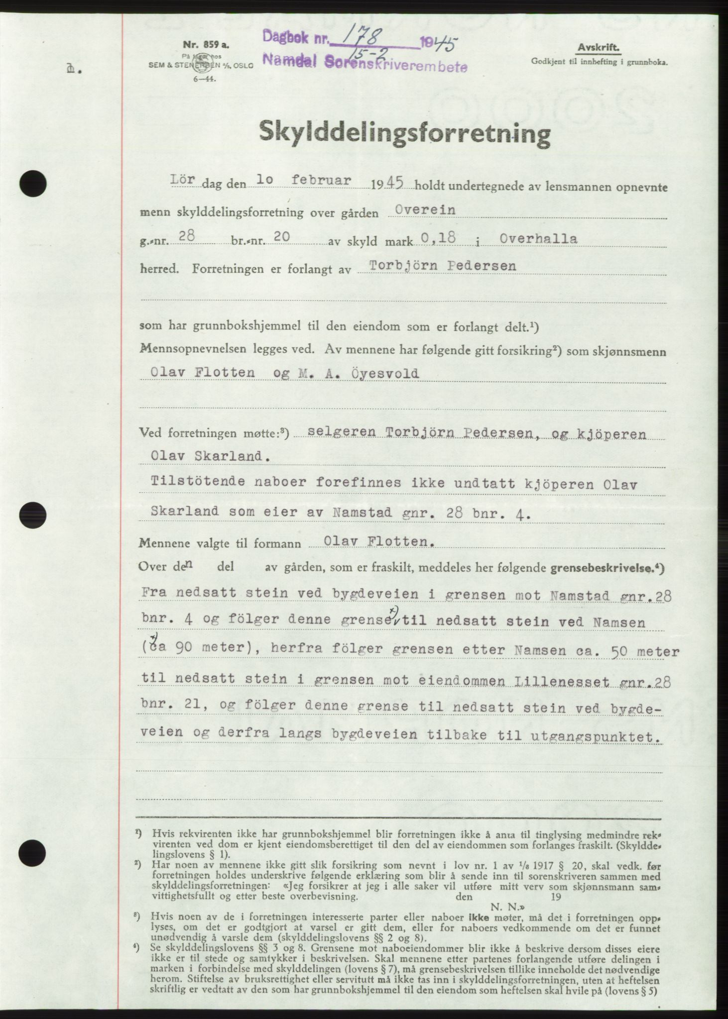 Namdal sorenskriveri, SAT/A-4133/1/2/2C: Mortgage book no. -, 1944-1945, Diary no: : 178/1945