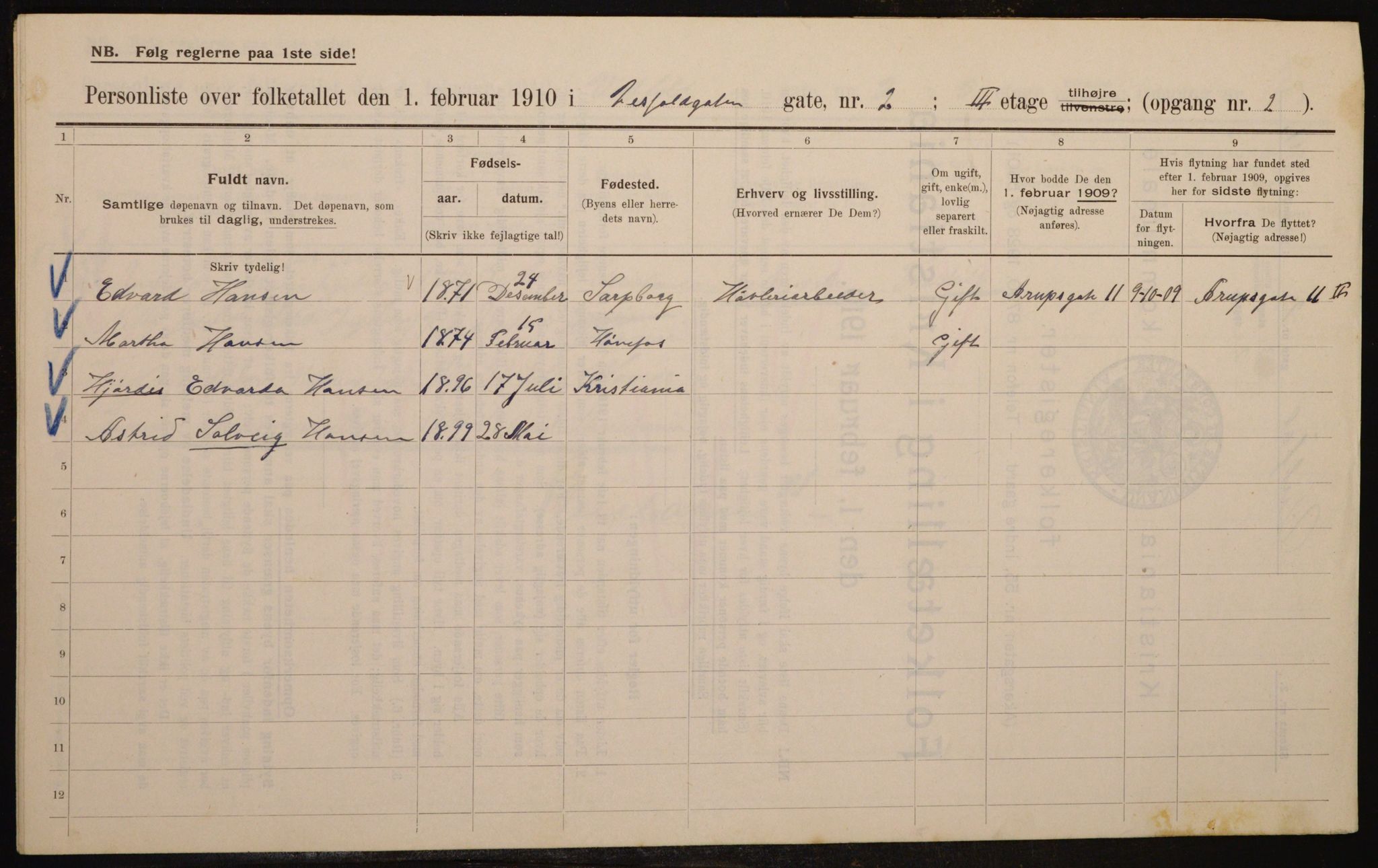 OBA, Municipal Census 1910 for Kristiania, 1910, p. 116056