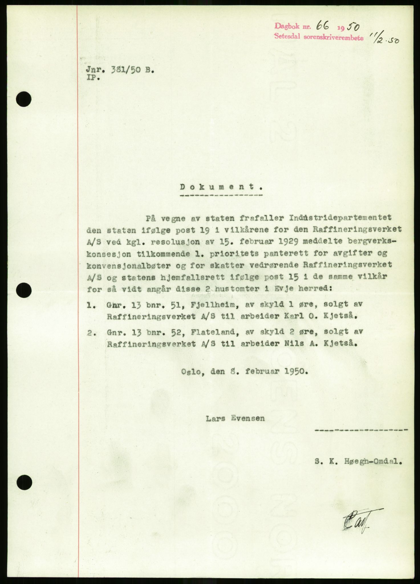 Setesdal sorenskriveri, SAK/1221-0011/G/Gb/L0050: Mortgage book no. B 38, 1949-1952, Diary no: : 66/1950