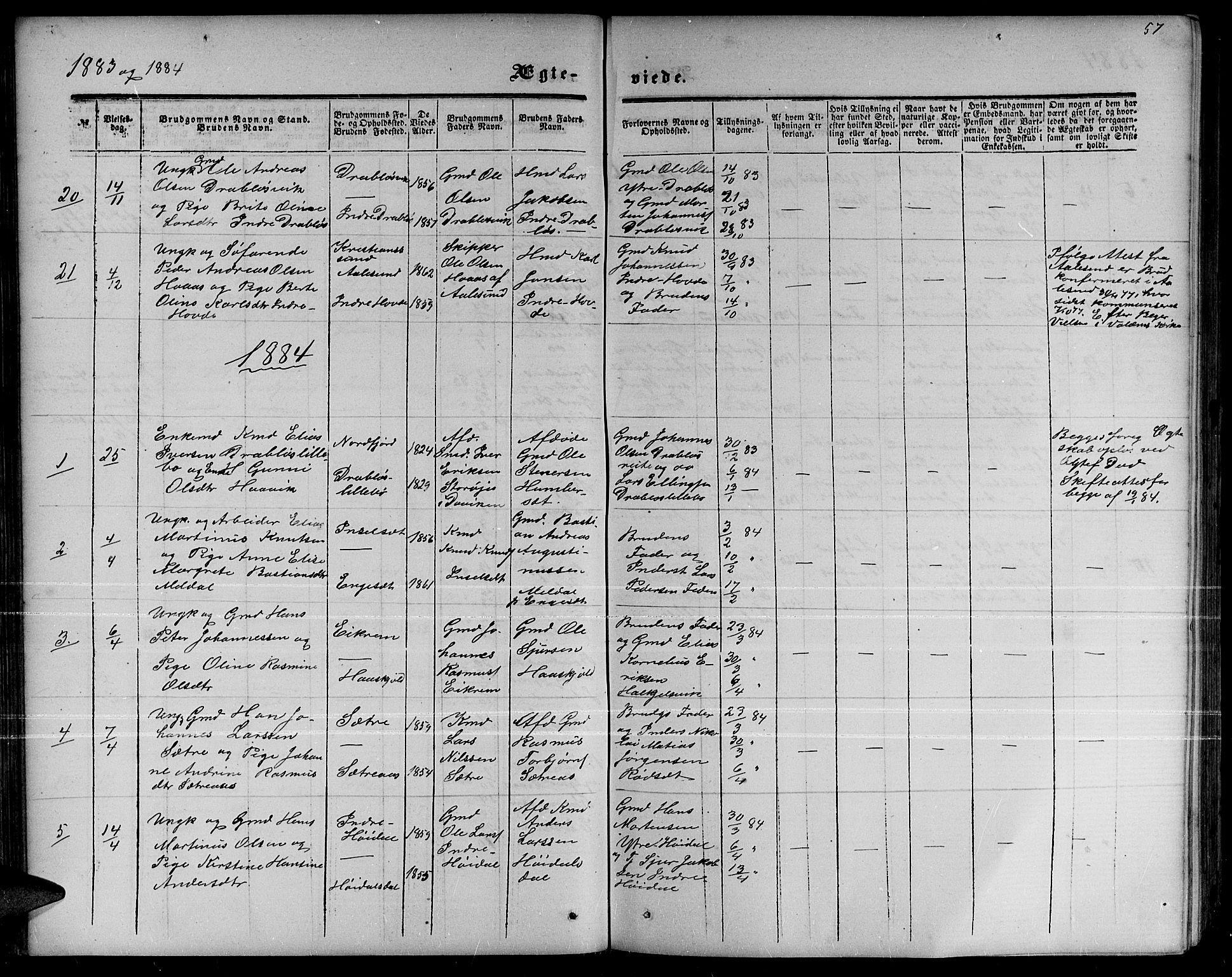 Ministerialprotokoller, klokkerbøker og fødselsregistre - Møre og Romsdal, SAT/A-1454/511/L0157: Parish register (copy) no. 511C03, 1864-1884, p. 57