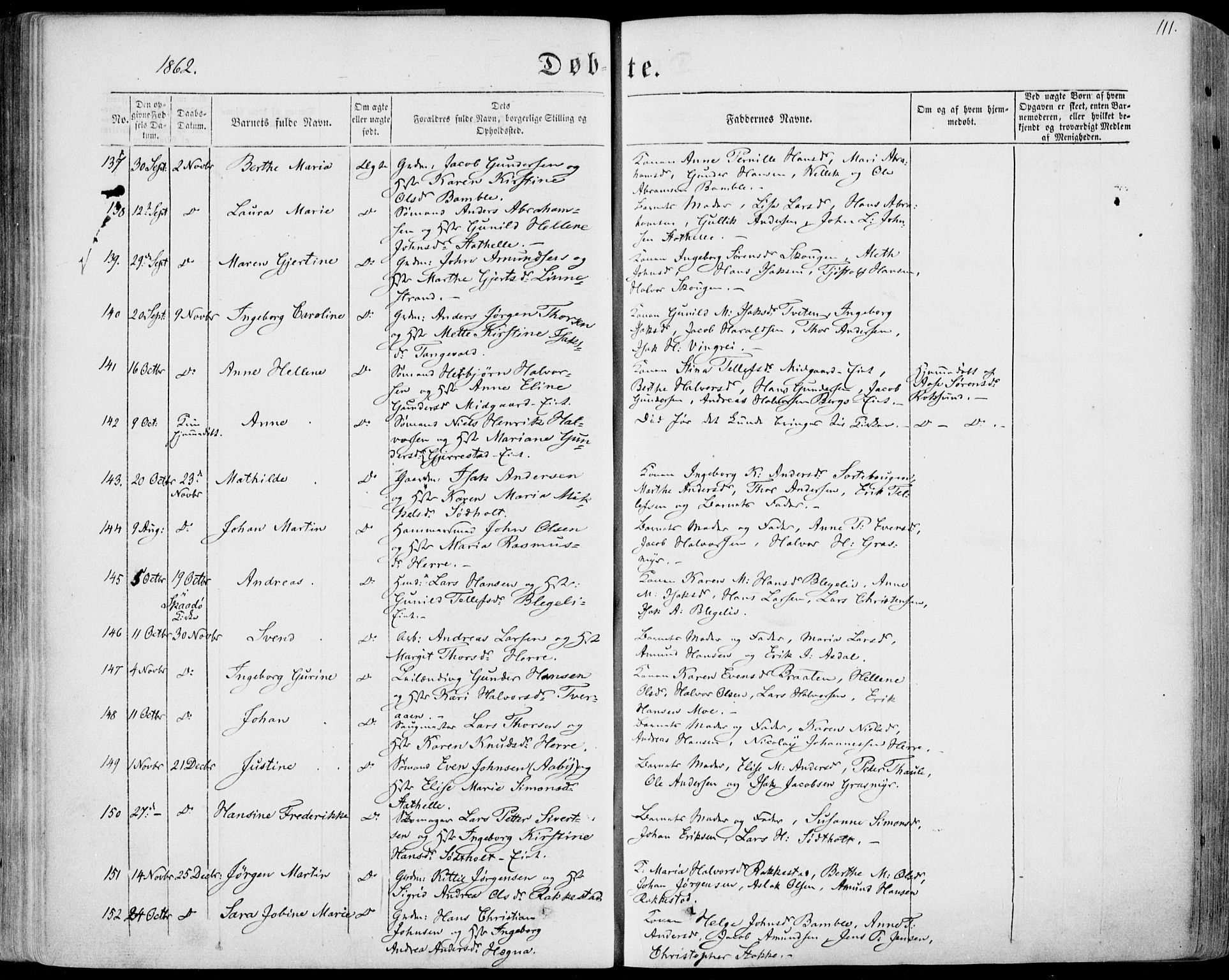 Bamble kirkebøker, SAKO/A-253/F/Fa/L0005: Parish register (official) no. I 5, 1854-1869, p. 111