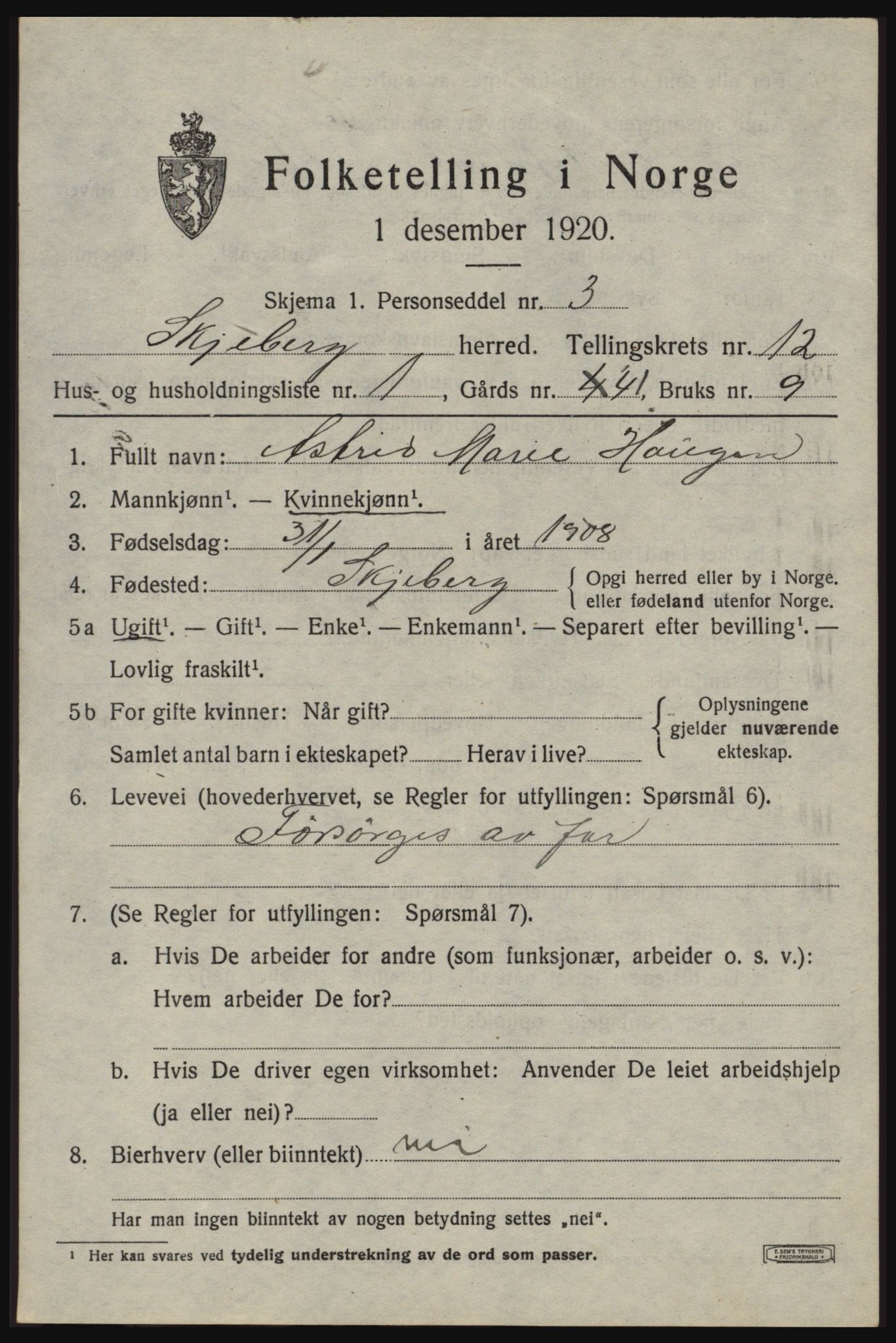 SAO, 1920 census for Skjeberg, 1920, p. 10197