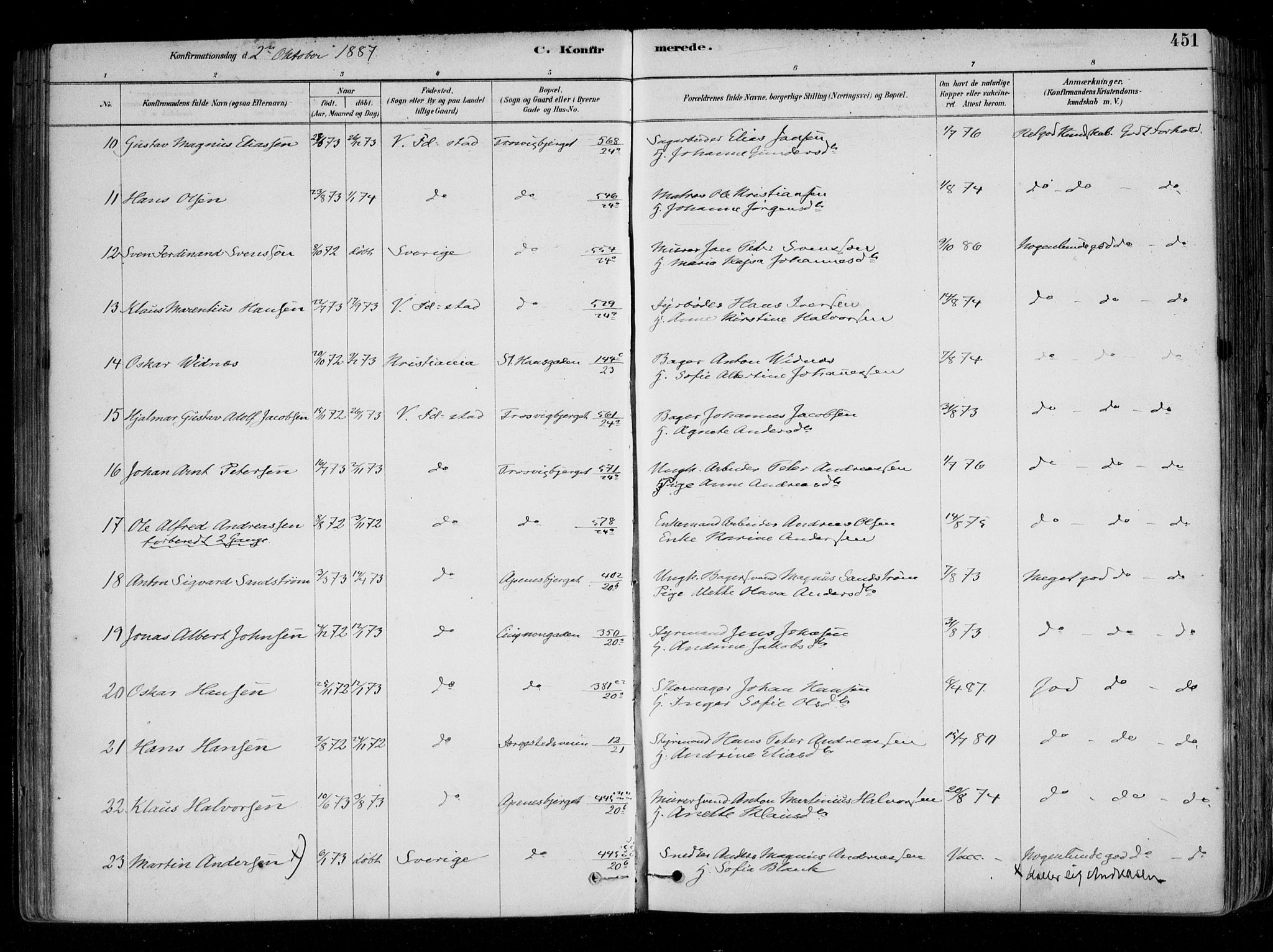 Fredrikstad domkirkes prestekontor Kirkebøker, AV/SAO-A-10906/F/Fa/L0004: Parish register (official) no. 4, 1878-1907, p. 451