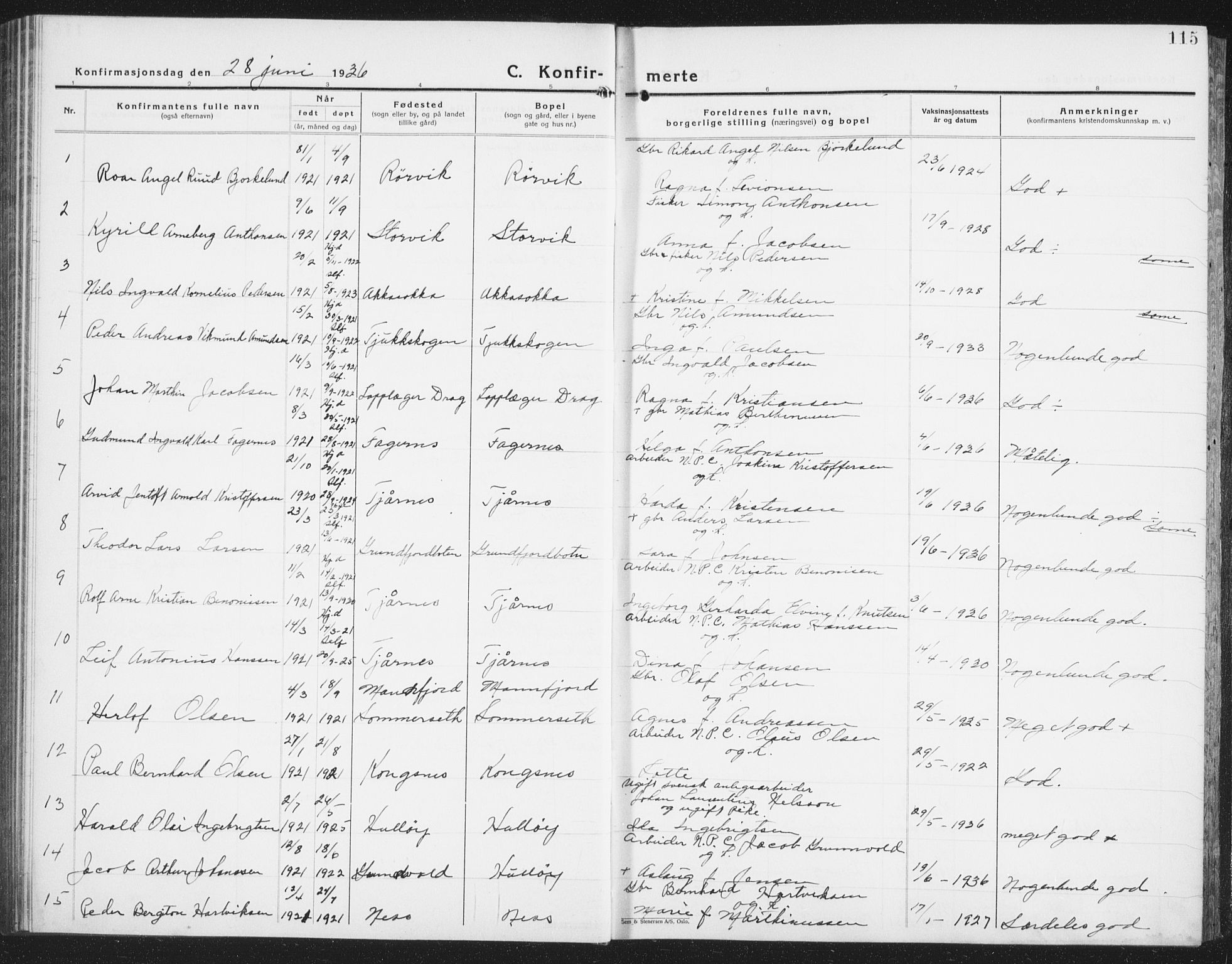 Ministerialprotokoller, klokkerbøker og fødselsregistre - Nordland, SAT/A-1459/861/L0879: Parish register (copy) no. 861C05, 1926-1939, p. 115