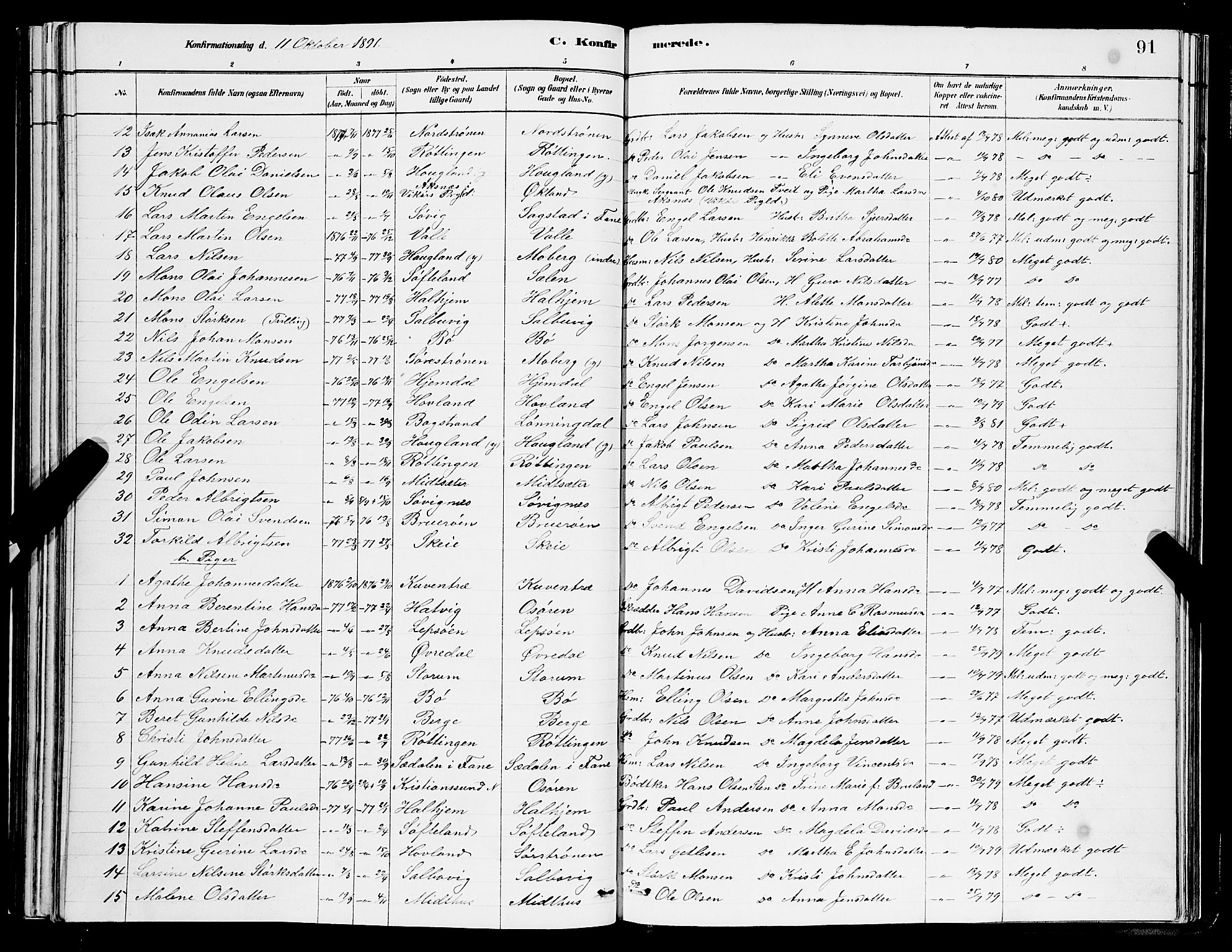 Os sokneprestembete, SAB/A-99929: Parish register (copy) no. A 2, 1880-1896, p. 91